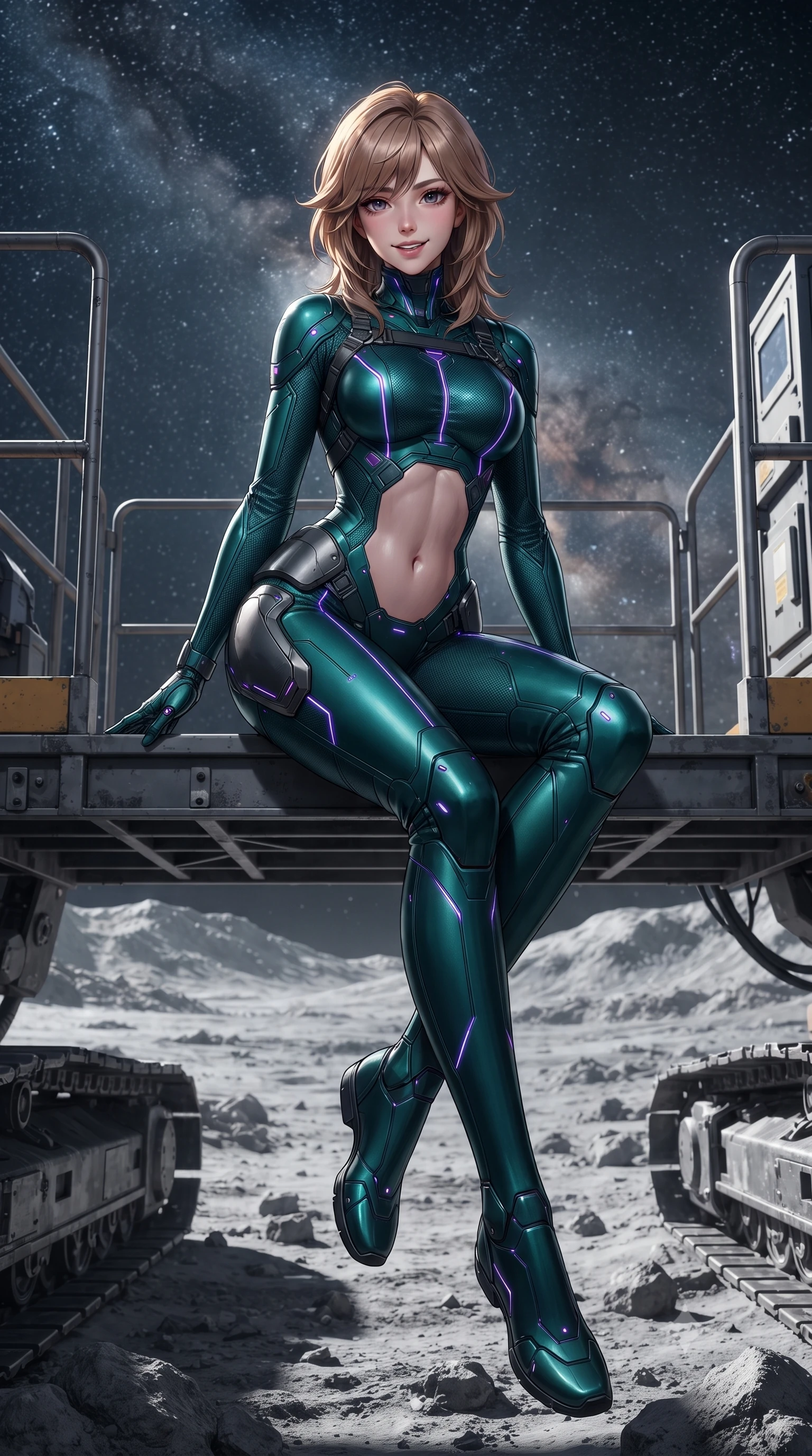 score_9, masterpiece, best quality, ultra-detailed, high-budget anime keyframe, editorial fashion photography, tasteful artistic composition, Korean woman. low angle full-body shot from head to toe showing her feet, filling the entire 9:16 vertical frame with her statuesque presence, stretching her vertical silhouette. sitting perched on the elevated maintenance gantry edge with legs crossed and hips angled toward the camera, displaying her toned midriff and long slender limbs with joyful, coquettish charm while standing on the open excavator gantry overlooking sulfur-crusted lunar plains under the Milky Way, arching her back with majestic poise. The surrounding environment is rendered in vivid detail and crisp panoramic clarity: sharp lunar rock textures, titanium tread track pins, and frost rime on equipment panels in deep focus. She has an absolutely perfect, statuesque 8.5-heads proportion, an exceptionally tall and slender model-like female figure with impossibly long slender legs, an ultra-slim waist, a flat toned midriff, narrow delicate ribcage, and beautifully sculpted feminine hips creating a graceful, slim hourglass silhouette without any bulky heaviness. sharp v-shaped jawline, high-bridge nose, intricate jewel-like sparkling eyes with depth, thick eyelashes, glossy parted lips with a natural sheen, bright confident smile with an enchanting and coquettish sensual glint, exuding both youthful magnetic charm and sovereign high-tech allure, flawlessly proportioned anatomical accuracy, strict slender model proportions, natural body alignment, perfectly sculpted long slender limbs, ultra-slim waistline, clean dynamic posture without body distortion. wearing a second-skin cybernetic stealth suit with active-camo optical mesh and sculpted carbon hip guards in dark emerald teal and ultraviolet glow lines, crafted from sheer technical cyber-lace reinforced with ultra-thin Kevlar threads, finished with criss-cross Kevlar tactical straps tracing her graceful shoulder blades, the form-fitting tactical tailoring adhering flawlessly to her sculpted flat midriff and slender torso, emphasizing her long leg lines and perfectly proportioned willowy build. illuminated by ground reflections and sharp platinum rim lights defining her slim torso, narrow waist, and curvy hips. ultra-reflective glossy finish, specular highlights, rich textural contrasts, high-contrast stereoscopic depth, volumetric dynamic lighting, 2k, ultra detail, master piece, 9:16 ratio