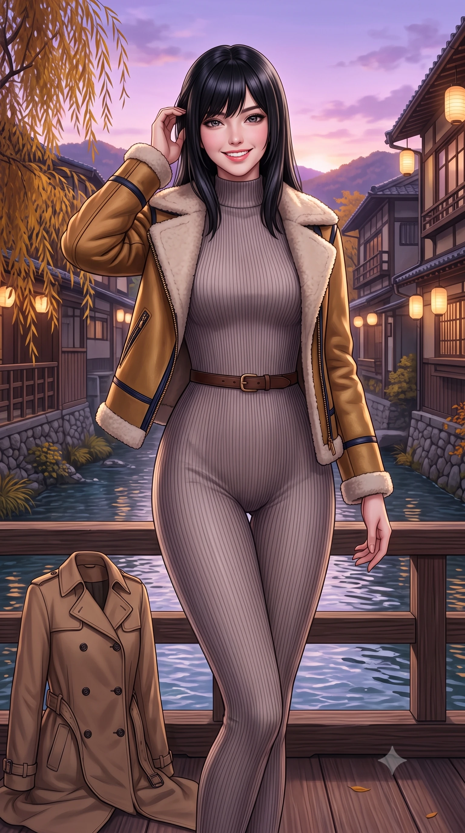 score_9, masterpiece, best quality, ultra-detailed, high-budget anime keyframe, semi-realistic 3D game render, editorial fashion photography, tasteful artistic composition, Caucasian woman. close-up cowboy shot from the waist and thighs up, the character dominates the composition, filling the frame with her large presence. twisting her slender torso in an alluring contrapposto stance, one hand toying with her hair while her gaze radiates magnetic charm while standing poised on the wooden kawayuka deck suspended over the clear riverbank, looking out at autumn willows with a bright, beaming smile. The surrounding environment is rendered in vivid detail and crisp panoramic clarity: detailed double-breasted wool gabardine trench coat drape, horn buttons, and historic Japanese urban architecture in high resolution. She has an exceptionally elegant, slender, and willowy female figure with an ultra-slim waist, flat toned midriff, narrow ribcage, and sculpted feminine hips creating an alluring, slim hourglass silhouette without bulk. sharp v-shaped jawline, high-bridge nose, intricate jewel-like sparkling eyes with depth, thick eyelashes, glossy parted lips with a natural peach sheen, bright cheerful beaming smile with an enchanting and coquettish sensual glint, exuding both youthful cute charm and seductive allure, flawlessly proportioned anatomical accuracy, strict slender model proportions, natural body alignment, perfectly sculpted long slender limbs, ultra-slim waistline, clean dynamic posture without body distortion. wearing an ultra-snug ribbed merino wool catsuit jumpsuit tracing her long slender limbs and narrow waist under an open shearling jacket in Ginza vintage brass gold and midnight navy, tailored from form-contouring ribbed merino wool hugging her torso like a second skin, finished with a slim equestrian bridle-leather belt cinched tightly at the narrowest point of her waist, the body-conscious tailored knit hugging her sculpted torso and curvaceous hips in a seamless, fluid line that highlights her statuesque model proportions. bathed in the soft purple-gold twilight glow of autumn sunset over the Higashiyama mountains mixed with warm paper lantern lights. highly saturated vibrant anime colors, detailed shading with soft gradients, rich glossy textures, high-contrast stereoscopic depth, volumetric dynamic lighting, master piece, 9:16 ratio