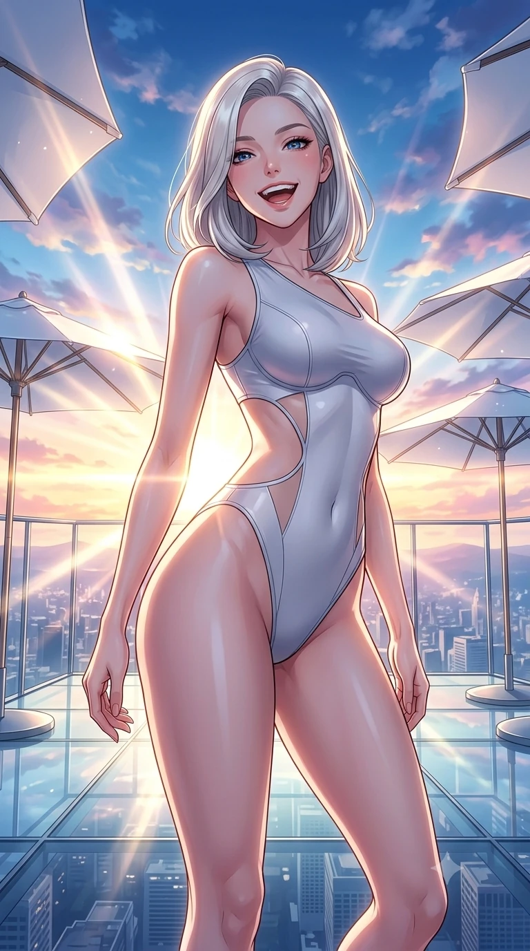 score_9, masterpiece, best quality, ultra-detailed, high-budget anime keyframe, vibrant anime aesthetic, Caucasian woman, strictly human ears. cowboy shot from the thighs up, character and outfit filling the frame for maximum presence. She is leaning back with a cheerful laugh, looking directly into the camera lens standing on a glass observation deck at dawn (Code-P20-099). She has an absolutely perfect 8-heads proportion, an exceptionally tall and slender female figure with impossibly long slender legs and an ultra-slim waist. V-shaped jawline, high-bridge nose, intricate jewel-like eyes with depth, thick eyelashes, glossy lips with a natural sheen. wearing a sleek swimsuit with high-cut leg lines and exposed waist. She is surrounded by bright sunbeams reflecting off white umbrellas, creating a luminous glow. 2k, ultra detail, master piece, 9:16 ratio
