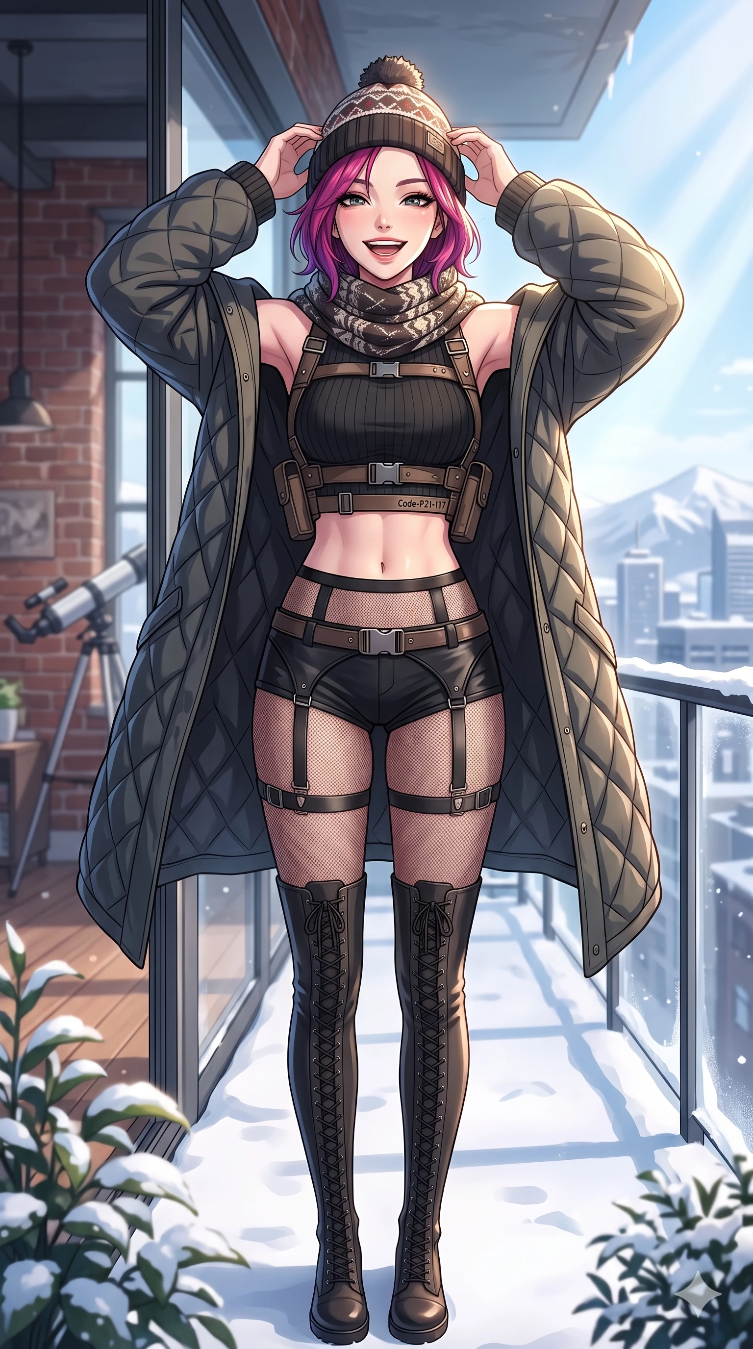 score_9, masterpiece, best quality, ultra-detailed, high-budget anime keyframe, vibrant anime aesthetic, Caucasian woman, strictly human ears. cowboy shot from the thighs up, character and outfit filling the frame for maximum presence. She is laughing cheerfully while adjusting her knit hat in the bright afternoon winter sun inside a loft apartment overlooking the snowy skyline (Code-P21-117). She has an absolutely perfect 8-heads proportion, an exceptionally tall and slender female figure with impossibly long slender legs and an ultra-slim waist. V-shaped jawline, high-bridge nose, intricate jewel-like eyes with depth, thick eyelashes, glossy lips with a natural sheen. wearing a harness over crop top exposing bare midriff and micro-shorts in winter. She is bright winter sunbeams casting soft highlights on her athletic form at the terrace. 2k, ultra detail, master piece, 9:16 ratio