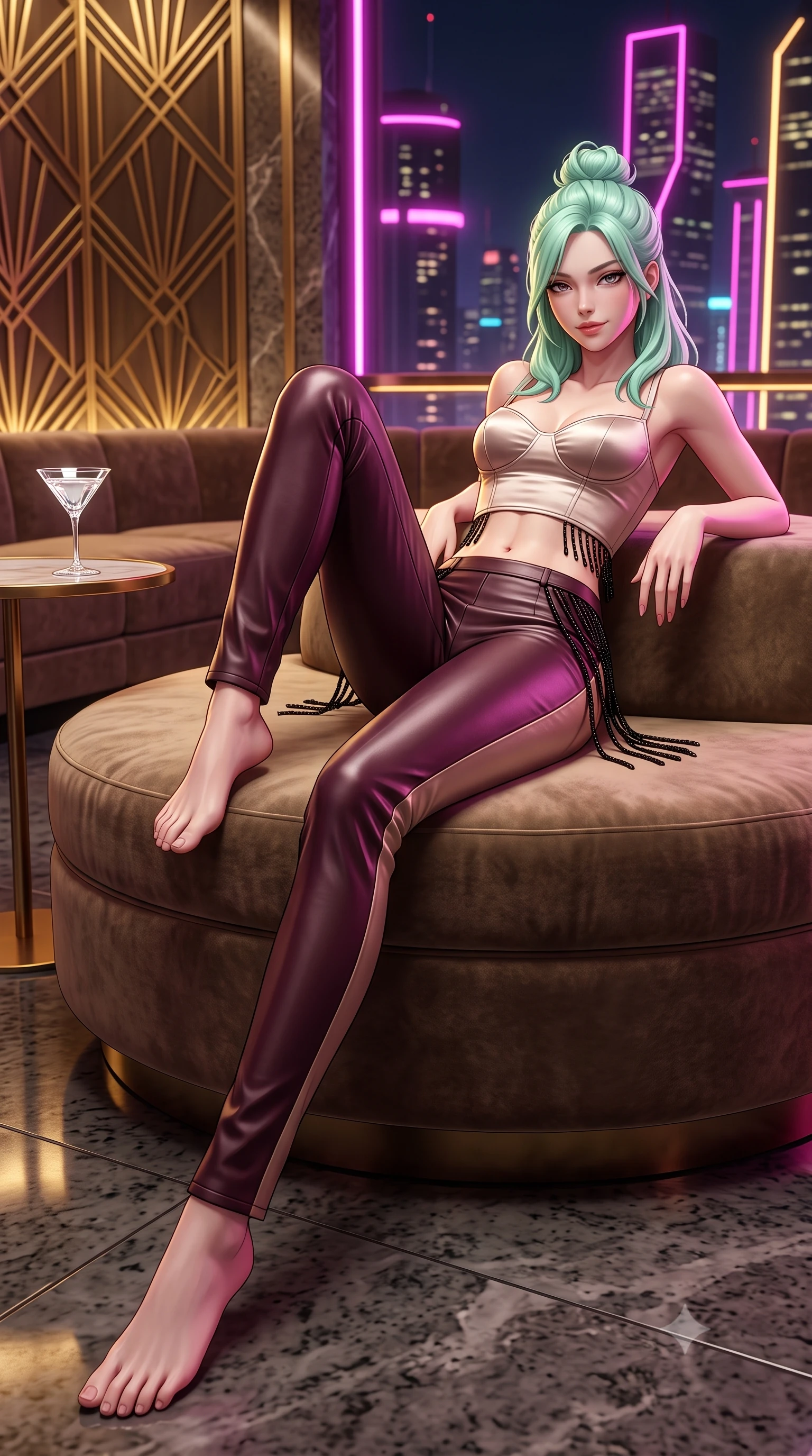 score_9, masterpiece, best quality, ultra-detailed, high-budget anime keyframe, semi-realistic 3D game render, editorial fashion photography, tasteful artistic composition, Japanese woman. low angle full-body shot from head to toe showing her feet, filling the entire 9:16 vertical frame with her statuesque presence, stretching her vertical silhouette. reclining languidly across the velvet banquette with one knee bent and hips angled toward the camera, displaying her toned midriff and long slender limbs with effortless sensual charisma while lounging gracefully on a circular low banquette propped on one elbow, her radiant dark allure commanding the frame against the futuristic neon towers. The surrounding environment is rendered in vivid detail and crisp panoramic clarity. sharp art deco brass geometric relief, polished riverfront granite texture, and crystal cocktail glass clarity in deep focus. She has an exceptionally tall and slender model-like 8.5-heads proportion, an ultra-slim waist, a flat toned midriff, narrow delicate ribcage, and beautifully sculpted feminine hips creating a graceful, slim hourglass silhouette without any bulky heaviness, with impossibly long slender legs. sharp v-shaped jawline, high-bridge nose, intricate jewel-like dark sparkling eyes with dangerous depth, thick curled eyelashes, glossy parted lips with a rich wine sheen, smoldering seductive half-smile with bedroom-eyes, exuding effortless superiority and intoxicating dark allure, flawlessly proportioned anatomical accuracy, strict slender model proportions, natural body alignment, perfectly sculpted long slender limbs, ultra-slim waistline, clean dynamic posture without body distortion. wearing a cropped structured bodice top paired with ultra-fitted high-waisted leather trousers tracing her hips in dark mulberry wine and antique champagne, made of supple butter-soft lambskin leather with a subtle satin sheen, accented with fine jet-black beaded tassels that sway with each movement, the glove-like silhouette tightly following the natural contour of her hips and long slender legs with youthful 8.5-heads elegance. illuminated by crisp electric magenta and warm gold rim lights sharply carving her razor-sharp jawline, narrow waist, and curvy hips. highly saturated vibrant anime colors, detailed shading with soft gradients, rich glossy textures, high-contrast stereoscopic depth, volumetric dynamic lighting, master piece, 9:16 ratio