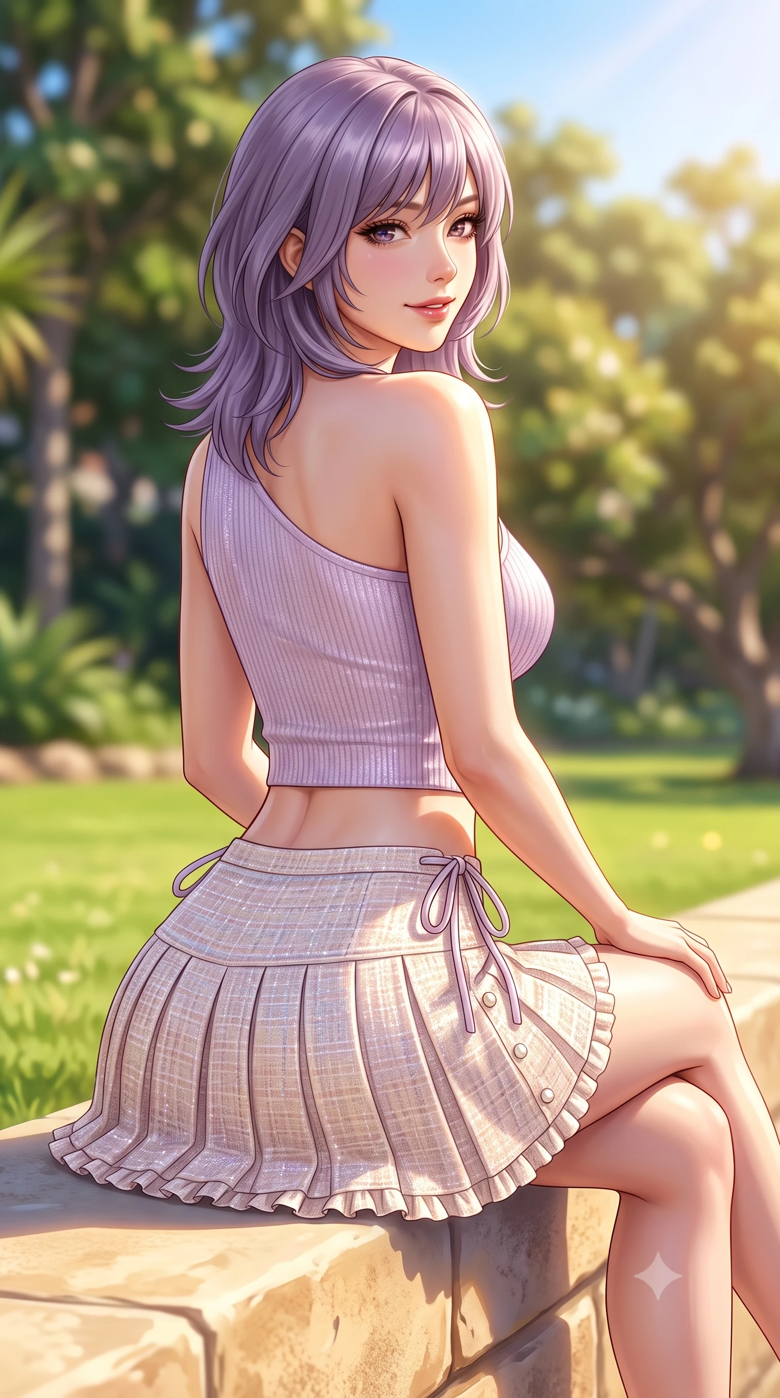 score_9, masterpiece, best quality, ultra-detailed, high-budget anime keyframe, semi-realistic 3D game render, editorial fashion photography, tasteful artistic composition, Japanese woman. close-up cowboy shot from the waist and thighs up, the character dominates the composition, filling the frame with her large presence. posing in an alluring rear three-quarter angle, turning over a bare shoulder with an intoxicating cute smile, her hips cocked back to highlight her slim hourglass curve while sitting perched on the sunlit sandstone seawall with legs crossed, her toned flat midriff and curvy hips glowing in the radiant Australian sun. The composition keeps background elements in soft focus with dreamy creamy bokeh. lush subtropical botanic trees and manicured lawns softened in vibrant Australian shallow focus. She has an exceptionally elegant, slender, and willowy female figure with an ultra-slim waist, flat toned midriff, narrow ribcage, and sculpted feminine hips creating an alluring, slim hourglass silhouette without bulk. sharp v-shaped jawline, high-bridge nose, intricate jewel-like sparkling eyes with depth, thick eyelashes, glossy parted lips with a natural peach sheen, bright cheerful beaming smile with an enchanting and coquettish sensual glint, exuding both youthful cute charm and seductive allure, flawlessly proportioned anatomical accuracy, strict slender model proportions, natural body alignment, perfectly sculpted long slender limbs, ultra-slim waistline, clean dynamic posture without body distortion. wearing an asymmetrical one-shoulder ribbed top paired with a micro-pleated skirt with side hip ties in soft lilac and champagne shimmer, tailored from soft pastel tweed with subtle metallic shimmer, finished with subtle ruffle trims and delicate pearl buttons, the form-fitting cut adhering flawlessly to her sculpted flat midriff and slender torso, emphasizing her long leg lines and perfectly proportioned willowy build. bathed in brilliant Australian golden afternoon sunlight and radiant sapphire water bounce fill. highly saturated vibrant anime colors, detailed shading with soft gradients, rich glossy textures, high-contrast stereoscopic depth, volumetric dynamic lighting, master piece, 9:16 ratio