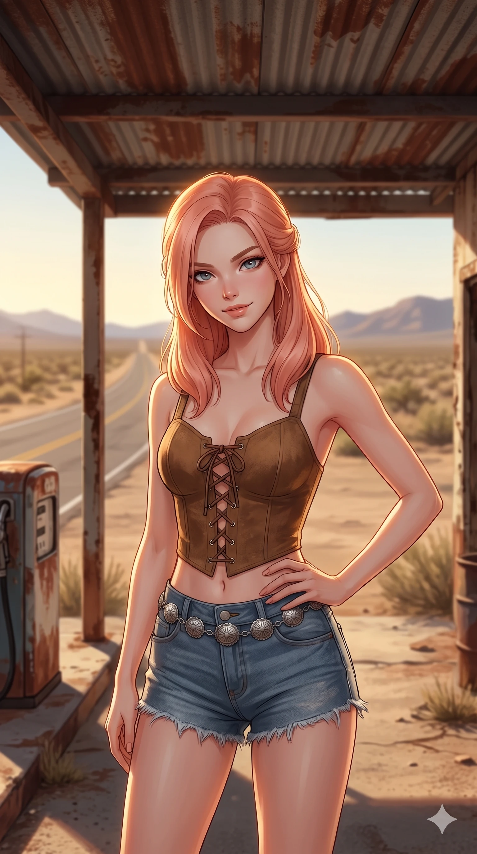 score_9, masterpiece, best quality, ultra-detailed, high-budget anime keyframe, semi-realistic 3D game render, editorial fashion photography, tasteful artistic composition, Japanese woman. close-up cowboy shot from the waist and thighs up, the character dominates the composition, filling the frame with her large presence. tilting her head with a teasing half-smile, running one hand slowly down the side of her hip in a flirtatious S-curve as ambient light caresses her silhouette while standing tall under the rusted tin station overhang, arching her lower back with sovereign supermodel grace while gazing down the lonely desert highway. The background shows a soft-focus abandoned roadside Americana softened in Route 66 gas station shallow focus. She has an exceptionally elegant, slender, and willowy female figure with an ultra-slim waist, flat toned midriff, narrow ribcage, and sculpted feminine hips creating an alluring, slim hourglass silhouette without bulk. sharp v-shaped jawline, high-bridge nose, sparkling eyes with hypnotic seductive depth, thick curled eyelashes, glossy parted lips with a natural dewy peach sheen, alluring bedroom-eyes with an enchanting coquettish smile, exuding magnetic siren charisma and sophisticated glamour, flawlessly proportioned anatomical accuracy, strict slender model proportions, natural body alignment, perfectly sculpted long slender limbs, ultra-slim waistline, clean dynamic posture without body distortion. wearing a plunging lace-up suede bustier top paired with ultra-short frayed denim cutoffs and a silver concho waist chain in Mediterranean cerulean blue and optic white with coral trims, made of fluid liquid jersey with seamless sculpting hold and smooth contours, accented with an open-back drape framed by falling strands of delicate chrome chains, the glove-like clinging cut tightly following the natural contour of her hips and long slender legs with youthful 8.5-heads elegance. illuminated by asphalt reflection bounce and sharp golden-bronze rim lighting defining her jawline, flat midriff, and voluptuous hip curves. highly saturated vibrant anime colors, detailed shading with soft gradients, rich glossy textures, high-contrast stereoscopic depth, volumetric dynamic lighting, master piece, 9:16 ratio