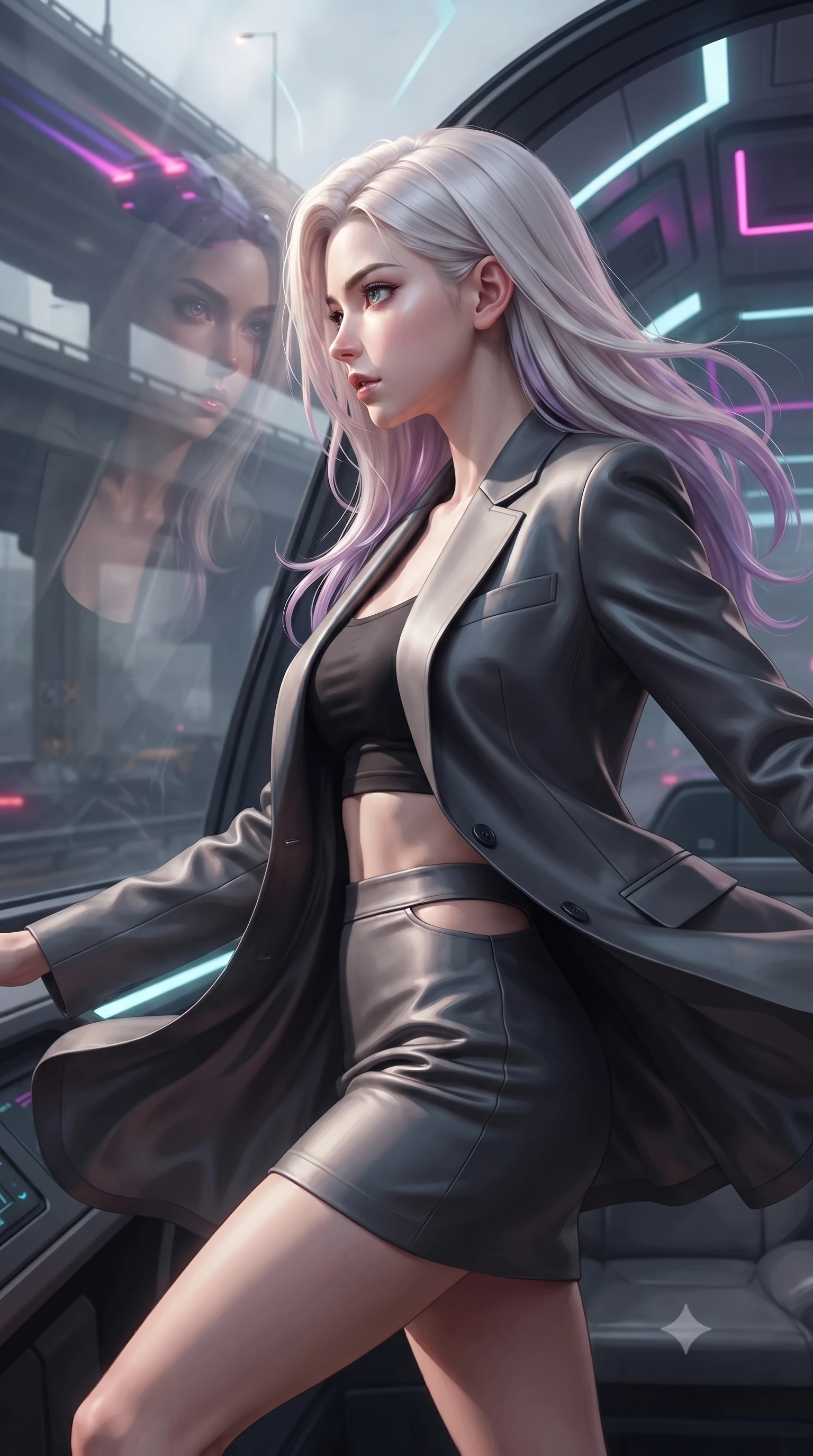 score_9, masterpiece, best quality, ultra-detailed, high-budget anime keyframe, editorial fashion photography, tasteful artistic composition, realistic cosplay photography, Caucasian woman, strictly human ears. close-up cowboy shot from the waist and thighs up, the character dominates the composition, filling the frame with her large presence, background elements kept in soft focus. Initiating a jump to hyperdrive, her face caught in a dramatic profile reflection on the cockpit glass. set against a soft-focus background of a dirty underpass beneath a multi-tiered highway, hover-vehicles rushing overhead leaving streaks of tail-lights in the smog. She has an exceptionally elegant and slender, willowy female figure with an ultra-slim waist, a gracefully sculpted slender torso, and a refined slim physique. sharp v-shaped jawline, high-bridge nose, intricate jewel-like eyes with depth, thick eyelashes, glossy lips with a natural sheen. wearing the lightweight fabric rippling and billowing dramatically with her movement, a form-contouring structured blazer in charcoal grey worn open over a black crop top and matching mini skirt with side cutout. laser lines of violet and hot pink reflecting off surfaces casting geometric neon highlights. ultra-reflective glossy finish, specular highlights, metallic sheen, high-contrast stereoscopic depth, volumetric dynamic lighting, 2k, ultra detail, master piece, 9:16 ratio