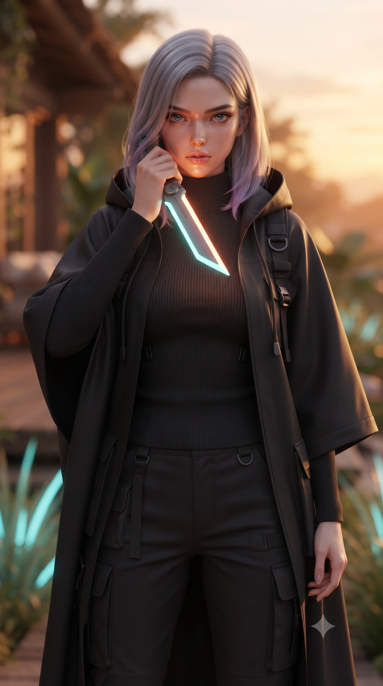 score_9, masterpiece, best quality, ultra-detailed, high-budget anime keyframe, editorial fashion photography, tasteful artistic composition, Caucasian woman. close-up cowboy shot from the waist and thighs up, the character dominates the composition, filling the frame with her large presence, background elements kept in soft focus. pressing the flat side of a glowing vibro-blade against her cheek, locking eyes with the viewer with bedroom-eyes, the background shows a soft-focus a cozy cottage deck in the botanical oasis, surrounded by neon beachgrass. She has an exceptionally elegant, slender, and willowy female figure with an ultra-slim waist, a gracefully sculpted slender torso, and a refined silhouette. sharp v-shaped jawline, high-bridge nose, intricate jewel-like eyes with depth, thick eyelashes, glossy lips with a natural sheen. wearing a tailored tactical utility poncho in waterproof matte black fabric, worn over a high-neck utility sweater and cargo pants. warm sunset light casting a peaceful, cozy orange wash on her figure. ultra-reflective glossy finish, specular highlights, metallic sheen, high-contrast stereoscopic depth, volumetric dynamic lighting, 2k, ultra detail, master piece, 9:16 ratio