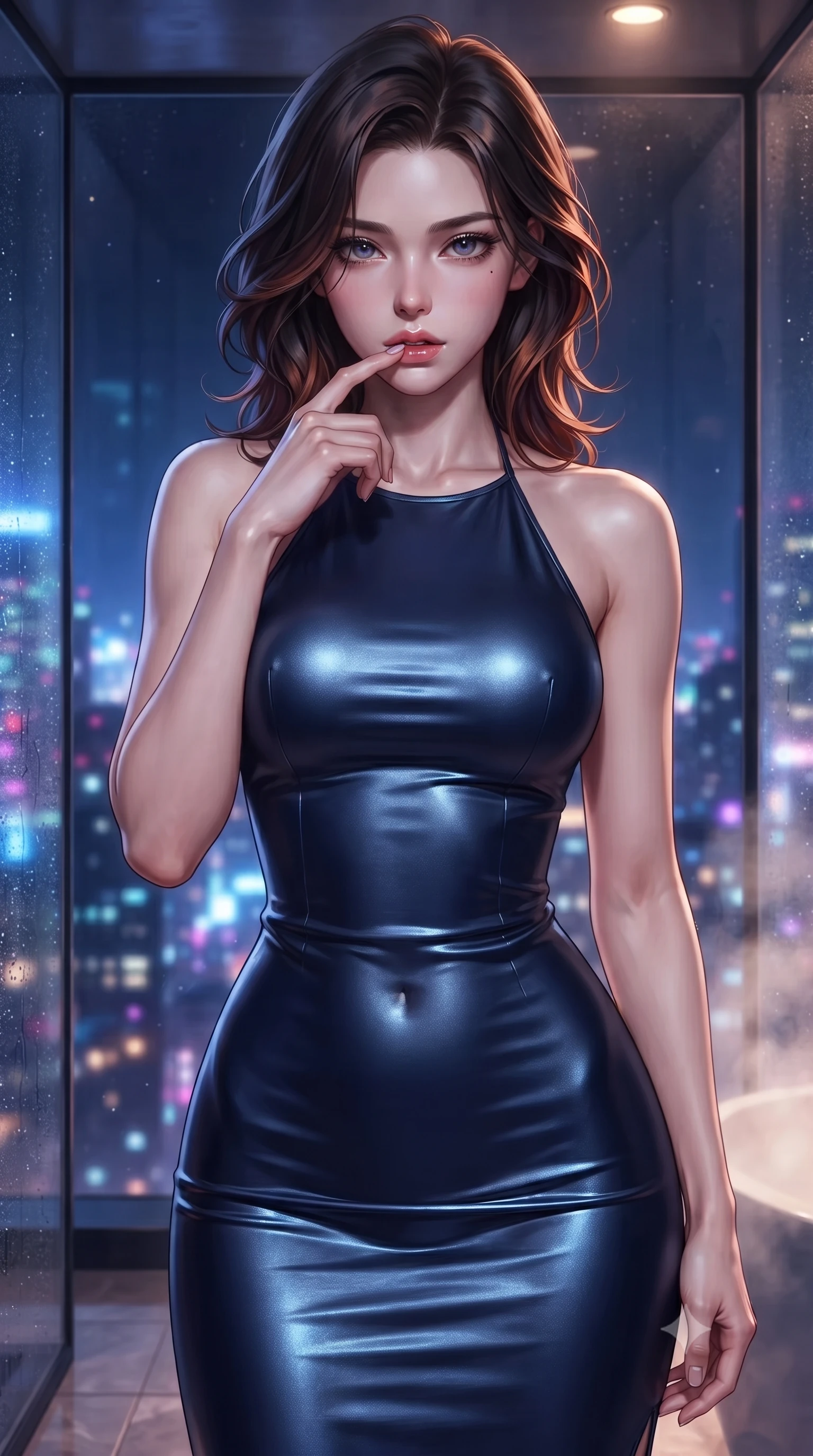 score_9, masterpiece, best quality, ultra-detailed, high-budget anime keyframe, editorial fashion photography, tasteful artistic composition, Korean woman woman. close-up cowboy shot from the waist and thighs up, the character dominates the composition, filling the frame with her large presence, background elements kept in soft focus. pressing one finger to her bottom lip in a thoughtful, seductive gesture under the warm sun the background shows a soft-focus a high-rise private steam room with glass walls overlooking the city lights at night. She has an exceptionally elegant, slender, and willowy female figure with an ultra-slim waist, a gracefully sculpted slender torso, and a refined silhouette. sharp v-shaped jawline, high-bridge nose, intricate jewel-like eyes with depth, thick eyelashes, glossy lips with a natural sheen. wearing a form-contouring form-fitting halter dress in deep navy blue, contouring her athletic, slender build. glittering blue and violet city skyline lights contrasting with warm steam glow. ultra-reflective glossy finish, specular highlights, metallic sheen, high-contrast stereoscopic depth, volumetric dynamic lighting, 2k, ultra detail, master piece, 9:16 ratio