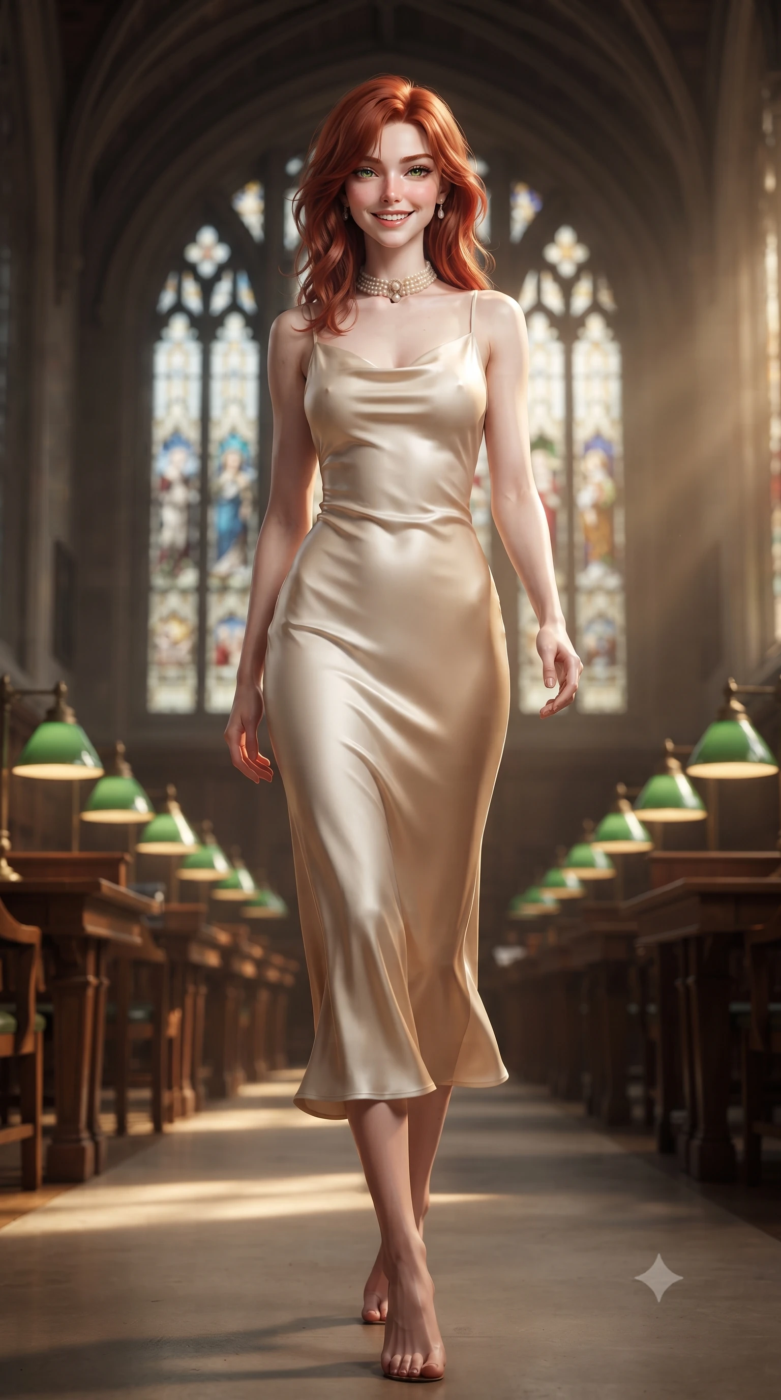 score_9, masterpiece, best quality, ultra-detailed, high-budget anime keyframe, editorial fashion photography, tasteful artistic composition, Korean woman. low angle full-body shot from head to toe showing her feet, filling the entire 9:16 vertical frame with her statuesque presence, stretching her vertical silhouette. stepping forward gracefully in mid-motion with a radiant beaming smile, hips swaying with supermodel rhythm as her vertical silhouette fills the frame while walking slowly down the grand vaulted central aisle between green banker desk lamps, turning with effortless aristocratic grace. The background shows a soft-focus tall leaded stained glass windows softened in contemplative academic grandeur shallow focus. She has an exceptionally tall and slender model-like 8.5-heads proportion, an ultra-slim waist, a flat toned midriff, narrow delicate ribcage, and beautifully sculpted feminine hips creating a graceful, slim hourglass silhouette without any bulky heaviness, with impossibly long slender legs. sharp v-shaped jawline, high-bridge nose, intricate jewel-like sparkling eyes with depth, thick eyelashes, glossy parted lips with a natural peach sheen, bright cheerful beaming smile with an enchanting and coquettish sensual glint, exuding both youthful cute charm and seductive allure, flawlessly proportioned anatomical accuracy, strict slender model proportions, natural body alignment, perfectly sculpted long slender limbs, ultra-slim waistline, clean dynamic posture without body distortion. wearing a fluid liquid silk jersey draped midi dress clinging flawlessly to her narrow waist, flat midriff, and curvy hips in soft champagne ivory and warm biscuit beige, woven from fluid liquid silk jersey that clings smoothly to her narrow waist and rounded hips with a dewy sheen, complemented by an antique baroque pearl choker accentuating her delicate neck and collarbones, the second-skin tailored fabric adhering flawlessly to her sculpted flat midriff and slender torso, emphasizing her long leg lines and perfectly proportioned willowy build. bathed in luminous golden afternoon sunlight slanting through tall gothic lancet windows mixed with warm brass desk lamp glows. ultra-reflective glossy finish, specular highlights, rich textural contrasts, high-contrast stereoscopic depth, volumetric dynamic lighting, 2k, ultra detail, master piece, 9:16 ratio