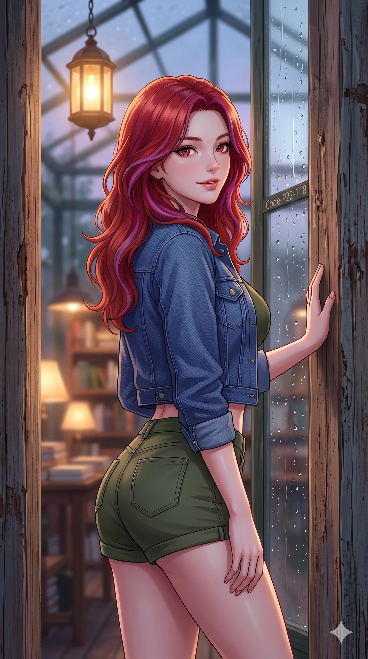 score_9, masterpiece, best quality, ultra-detailed, high-budget anime keyframe, vibrant anime aesthetic, Caucasian woman, strictly human ears. close-up cowboy shot from the waist and thighs up, the character dominates the composition, filling the frame with her large presence, background elements kept in soft focus. She is posing near glass greenhouse panels, smiling delightfully over her shoulder, gazing softly at the camera lens leaning against a rustic wooden column. the background shows a soft-focus cozy bookstore cafe with warm reading lights, facing a glass wall covered in fresh rain droplets (Code-P22-118). She has an absolutely perfect proportion, an exceptionally elegant and slender female figure with an ultra-slim waist. V-shaped jawline, high-bridge nose, intricate jewel-like eyes with depth, thick eyelashes, glossy lips with a natural sheen. wearing a cropped denim jacket over a fitted crop top and short-shorts in olive green. She is bathed in soft twilight glow mixed with warm lantern lights, highlighting her V-shaped jawline during the twilight rain. 2k, ultra detail, master piece, 9:16 ratio