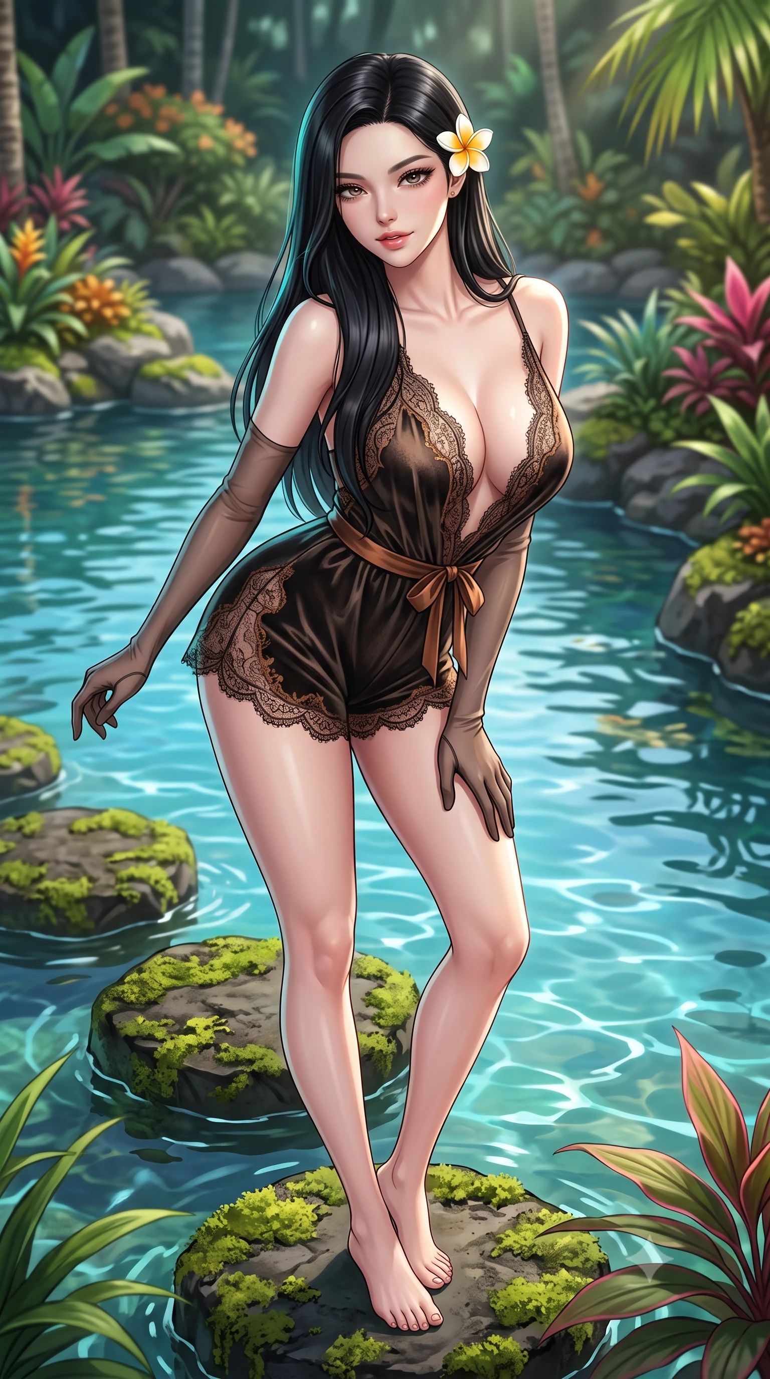 score_9, masterpiece, best quality, ultra-detailed, high-budget anime keyframe, semi-realistic 3D game render, editorial fashion photography, tasteful artistic composition, Korean woman. close-up cowboy shot from the waist and thighs up, the character dominates the composition, filling the frame with her large presence. leaning forward while arching her lower back to accentuate her curvy hips, looking into the camera with an intoxicating smoldering gaze and bedroom-eyes while standing poised on the mossy volcanic stepping stone in the natural spring lagoon, arching her back with hypnotic island siren allure. The surrounding environment is rendered in vivid detail and crisp panoramic clarity: detailed plunging cowl-neck liquid silk slip gown cling, frangipani flower tucked behind ear, and organic resort landscaping in high resolution. She has an exceptionally elegant, slender, and willowy female figure with an ultra-slim waist, flat toned midriff, narrow ribcage, and sculpted feminine hips creating an alluring, slim hourglass silhouette without bulk. sharp v-shaped jawline, high-bridge nose, sparkling eyes with hypnotic seductive depth, thick curled eyelashes, glossy parted lips with a natural dewy peach sheen, alluring bedroom-eyes with an enchanting coquettish smile, exuding magnetic siren charisma and sophisticated glamour, flawlessly proportioned anatomical accuracy, strict slender model proportions, natural body alignment, perfectly sculpted long slender limbs, ultra-slim waistline, clean dynamic posture without body distortion. wearing a plunge-neck stretch velvet romper with scalloped eyelash-lace hems and a cinched waist ribbon in Ayung volcanic charcoal and molten bronze, made of delicate semi-sheer French Chantilly lace with intricate eyelash edges, complemented by sheer opera-length evening gloves tracing her slender arms, the glove-like clinging cut tightly following the natural contour of her hips and long slender legs with youthful 8.5-heads elegance. illuminated by spring water specular reflections and sharp platinum-turquoise rim lights sculpting her jawline, flat midriff, and curvy hips. highly saturated vibrant anime colors, detailed shading with soft gradients, rich glossy textures, high-contrast stereoscopic depth, volumetric dynamic lighting, master piece, 9:16 ratio