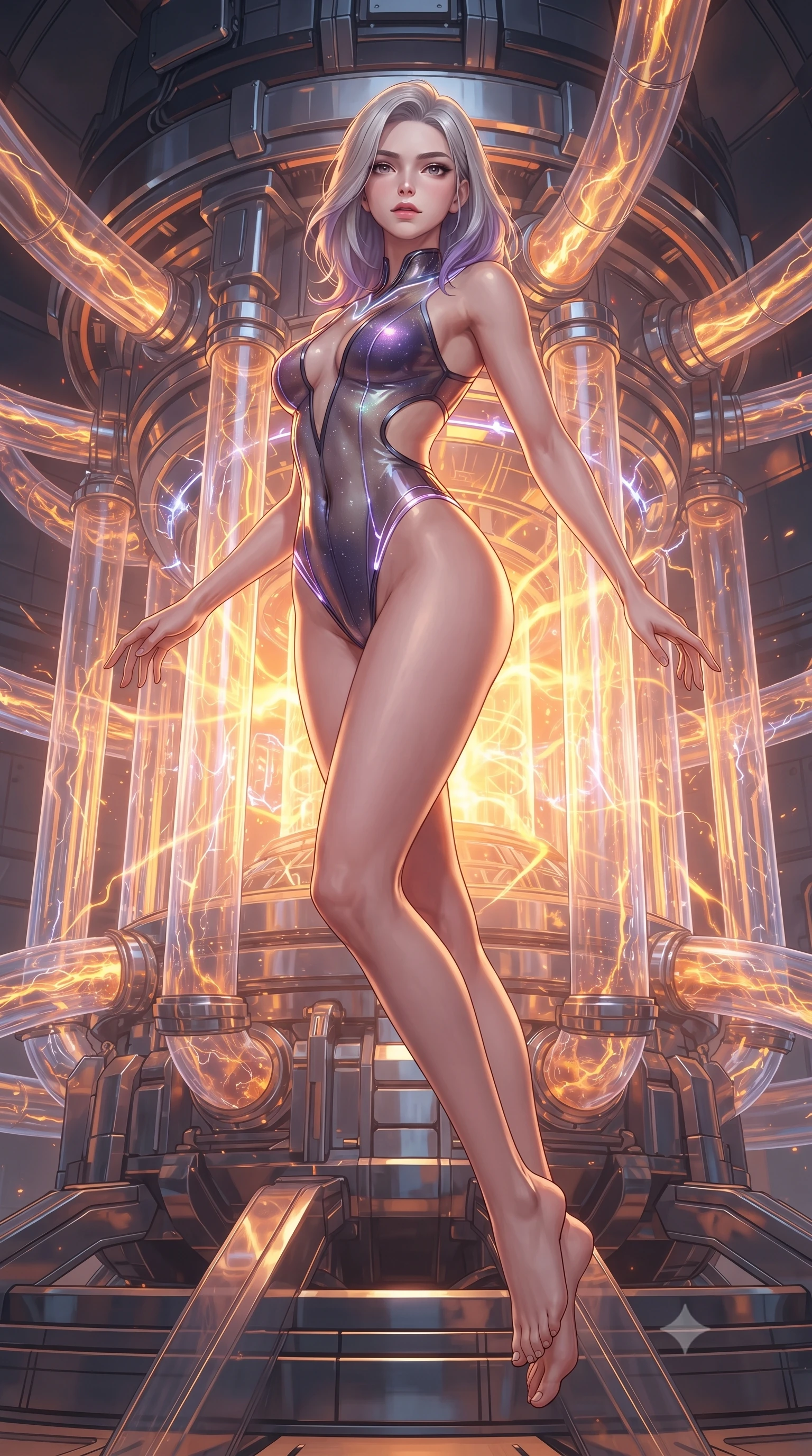 score_9, masterpiece, best quality, ultra-detailed, high-budget anime keyframe, editorial fashion photography, tasteful artistic composition, Caucasian woman. low angle full-body shot from head to toe showing her feet, filling the entire 9:16 vertical frame with her statuesque presence, stretching her vertical silhouette. pivoting dynamically in mid-motion with a breathtakingly alluring posture, displaying her flawless model proportions and ultra-slim waist while floating weightlessly near a colossal fusion reactor core with molten energy pulsing through transparent conduits. The surrounding environment is rendered in vivid detail and crisp panoramic clarity. intricate plasma arc textures, glowing fusion core lattices, and polished chrome plating in high resolution. She has an absolutely perfect, statuesque 8.5-heads proportion, an exceptionally tall and slender model-like female figure with impossibly long slender legs and an ultra-slim waist. sharp v-shaped jawline, high-bridge nose, intricate jewel-like eyes with depth, thick eyelashes, glossy lips with a natural sheen, flawlessly proportioned anatomical accuracy, natural body alignment, perfectly sculpted elegant limbs, clean dynamic posture without body distortion. wearing a high-cut translucent vinyl leotard with front paneling, exposed side-rib cutouts, and an open back in dark amethyst purple and shimmering starlight silver, made of smooth iridescent silk chiffon that shifts colors with movement, accented with glowing fiber-optic seams tracing her collarbones and hip curves, the daring cutouts accentuating her delicate midriff, graceful collarbones, and feminine contour. bathed in blazing golden-orange plasma radiance and sharp electric rim lighting. ultra-reflective glossy finish, specular highlights, metallic sheen, high-contrast stereoscopic depth, volumetric dynamic lighting, 2k, ultra detail, master piece, 9:16 ratio