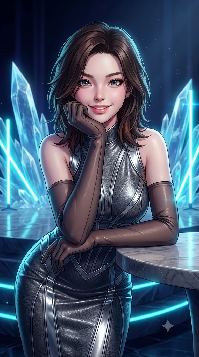score_9, masterpiece, best quality, ultra-detailed, high-budget anime keyframe, semi-realistic 3D game render, editorial fashion photography, tasteful artistic composition, Korean woman. close-up cowboy shot from the waist and thighs up, the character dominates the composition, filling the frame with her large presence. resting one elbow on the table and supporting her chin, leaning close to the camera with heavy-lidded sparkling eyes and parted lips while twisting her slender torso in an alluring contrapposto stance, cyan neon pulses and ice crystal reflections wrapping around her narrow waist and curvy hips. The surrounding environment is rendered in vivid detail and crisp panoramic clarity: sharp ice crystal organ fluting, frost dendrite fractures on polished stone stage, and crisp neon tube contours in deep focus. She has an exceptionally elegant, slender, and willowy female figure with an ultra-slim waist, flat toned midriff, narrow ribcage, and sculpted feminine hips creating an alluring, slim hourglass silhouette without bulk. sharp v-shaped jawline, high-bridge nose, intricate jewel-like sparkling eyes with depth, thick eyelashes, glossy parted lips with a natural peach sheen, bright cheerful beaming smile with an enchanting and coquettish sensual glint, exuding both youthful cute charm and seductive allure, flawlessly proportioned anatomical accuracy, strict slender model proportions, natural body alignment, perfectly sculpted long slender limbs, ultra-slim waistline, clean dynamic posture without body distortion. wearing a glove-like stretch lambskin leather sheath dress accentuating her ultra-slim waistline without bulk in charcoal grey and polished chrome, crafted from bespoke double-faced cashmere with an exceptionally soft tactile finish, complemented by sheer opera-length evening gloves tracing her slender arms, the liquid-tight tailored fabric clinging flawlessly to her narrow waist and rounded feminine hips, emphasizing every millimeter of her sculpted slim hourglass curves without any bulky heaviness. bathed in high-contrast cyan neon aria pulses contrasted with deep velvety indigo stage shadows. highly saturated vibrant anime colors, detailed shading with soft gradients, rich glossy textures, high-contrast stereoscopic depth, volumetric dynamic lighting, master piece, 9:16 ratio