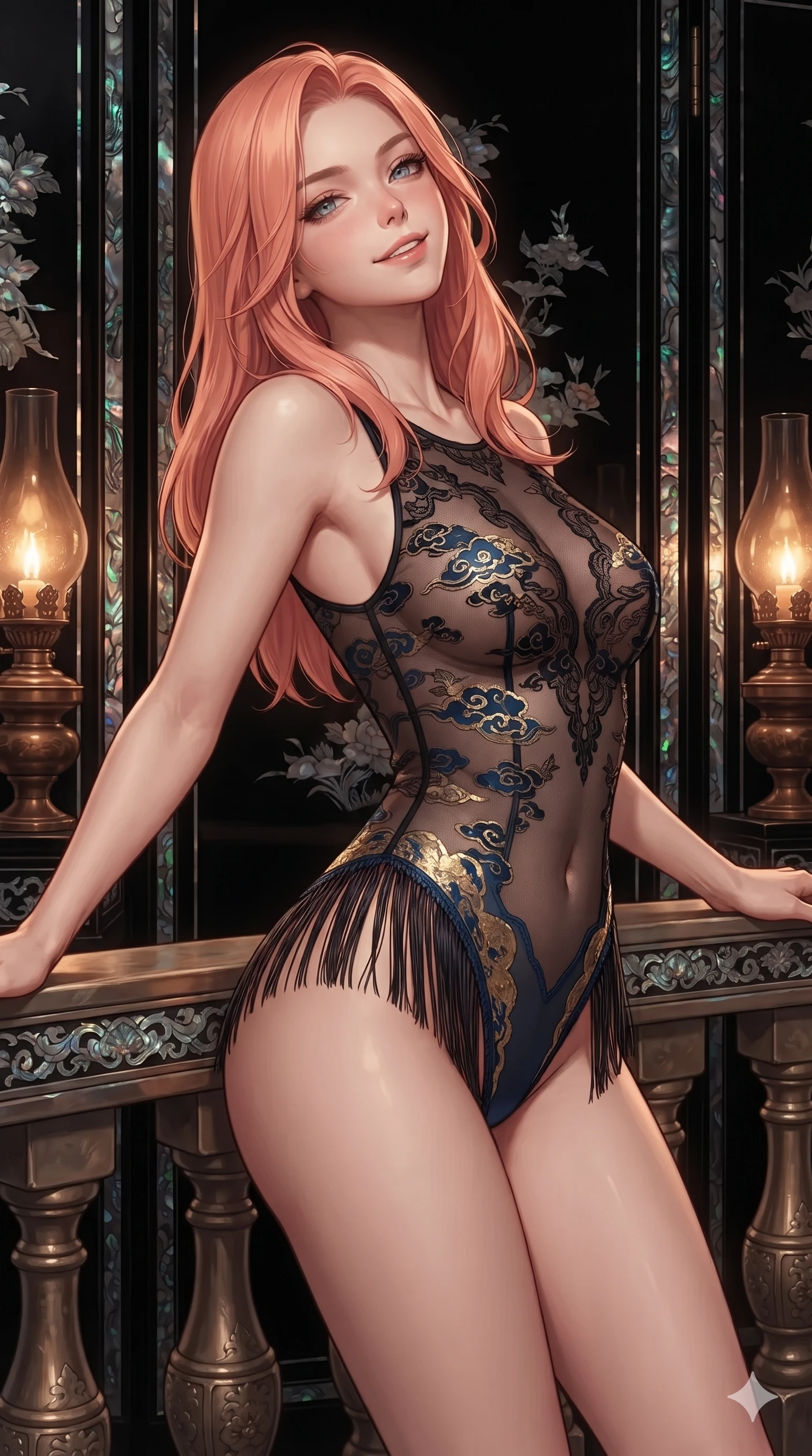 score_9, masterpiece, best quality, ultra-detailed, high-budget anime keyframe, editorial fashion photography, tasteful artistic composition, Japanese woman. close-up cowboy shot from the waist and thighs up, the character dominates the composition, filling the frame with her large presence. leaning back against the balustrade with relaxed seductive grace, head tilted back slightly while casting a hypnotic, heavy-lidded gaze while lounging against an opulent mother-of-pearl black lacquer screen, arching her lower back with magnetic femme fatale elegance. The surrounding environment is rendered in vivid detail and crisp panoramic clarity: sharp iridescent abalone shell inlay edges, deep mirror-like black lacquer gloss, and bronze oil lamp patina in deep focus. She has an exceptionally elegant, slender, and willowy female figure with an ultra-slim waist, flat toned midriff, narrow ribcage, and sculpted feminine hips creating an alluring, slim hourglass silhouette without bulk. sharp v-shaped jawline, high-bridge nose, sparkling eyes with hypnotic seductive depth, thick curled eyelashes, glossy parted lips with a natural dewy peach sheen, alluring bedroom-eyes with an enchanting coquettish smile, exuding magnetic siren charisma and sophisticated glamour, flawlessly proportioned anatomical accuracy, strict slender model proportions, natural body alignment, perfectly sculpted long slender limbs, ultra-slim waistline, clean dynamic posture without body distortion. wearing a provocative sheer-illusion nanotech lace bodysuit with traditional cloud embroidery flocking and high-cut leg openings in deep ocean cobalt and shimmering gold leaf, crafted from layered gossamer black nobang organza with weightless, smoky flutter, finished with delicate silk fringe trim fluttering along her hip line with kinetic charm, the high-slit wrap tailoring accentuating her ultra-slim waistline and the enchanting curve of her feminine hips with alluring seductive charm. bathed in soft moody amber chiaroscuro lighting spilling from ornate bronze oil lamps. ultra-reflective glossy finish, specular highlights, rich textural contrasts, high-contrast stereoscopic depth, volumetric dynamic lighting, 2k, ultra detail, master piece, 9:16 ratio