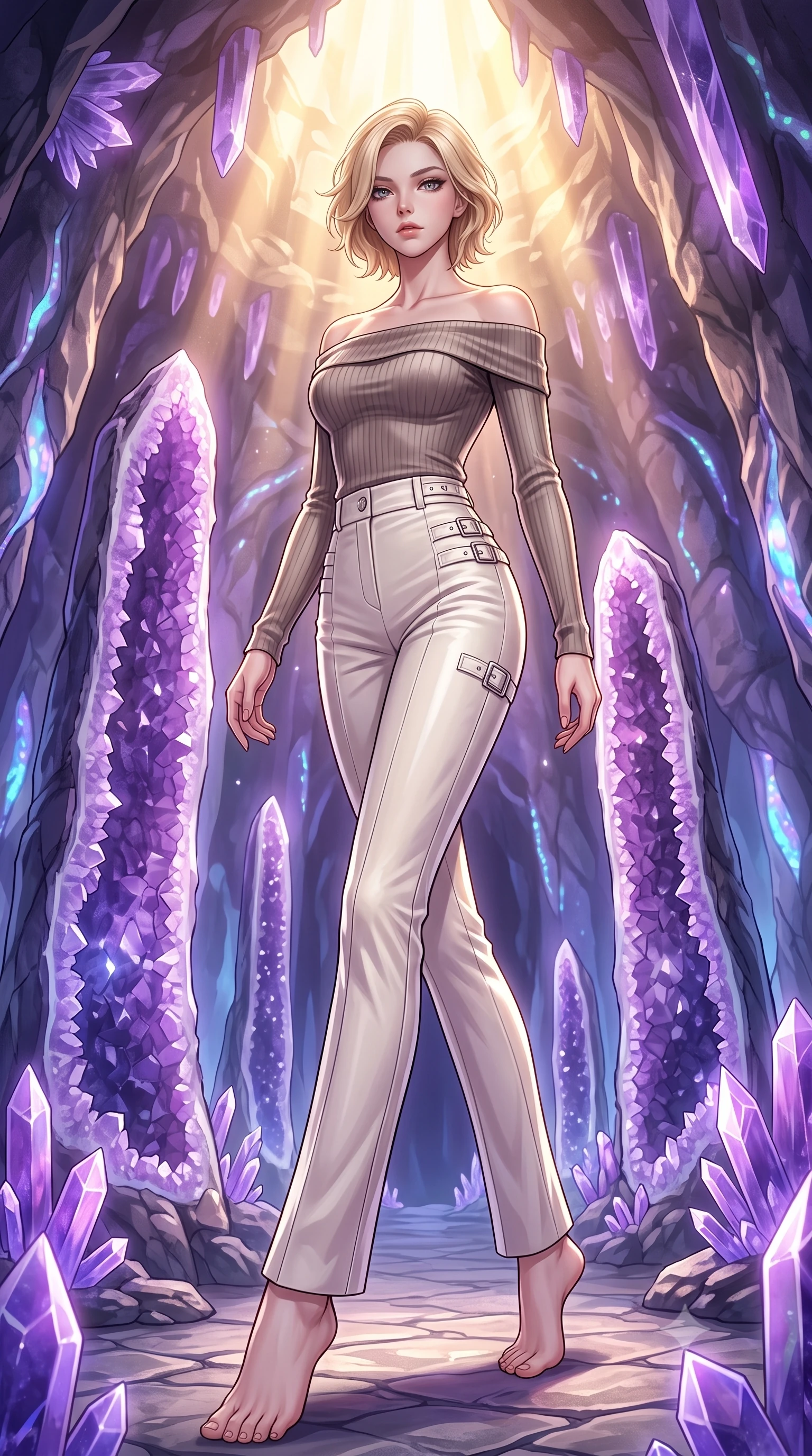 score_9, masterpiece, best quality, ultra-detailed, high-budget anime keyframe, editorial fashion photography, tasteful artistic composition, Caucasian woman. low angle full-body shot from head to toe showing her feet, filling the entire 9:16 vertical frame with her statuesque presence, stretching her vertical silhouette. navigating the luminous space with effortless poise, displaying her perfect model proportions standing inside a breathtaking cavern lined with massive amethyst geode pillars, bioluminescent opal veins pulsing softly in the surrounding stone walls. She has an absolutely perfect, statuesque 8.5-heads proportion, an exceptionally tall and slender model-like female figure with impossibly long slender legs and an ultra-slim waist. sharp v-shaped jawline, high-bridge nose, intricate jewel-like eyes with depth, thick eyelashes, glossy lips with a natural sheen. wearing a sleek off-shoulder ribbed knit top paired with high-waist tailored pants in muted taupe and soft ivory, made of premium stretch velvet with a rich sheen, detailed with polished silver buckles along the waistline, the elegant draped fit framing her graceful clavicle and slender torso. lit by warm golden sunlight colliding with cool violet crystal illumination. highly saturated vibrant anime colors, detailed shading with soft gradients, rich glossy textures, high-contrast stereoscopic depth, volumetric dynamic lighting, master piece, 9:16 ratio