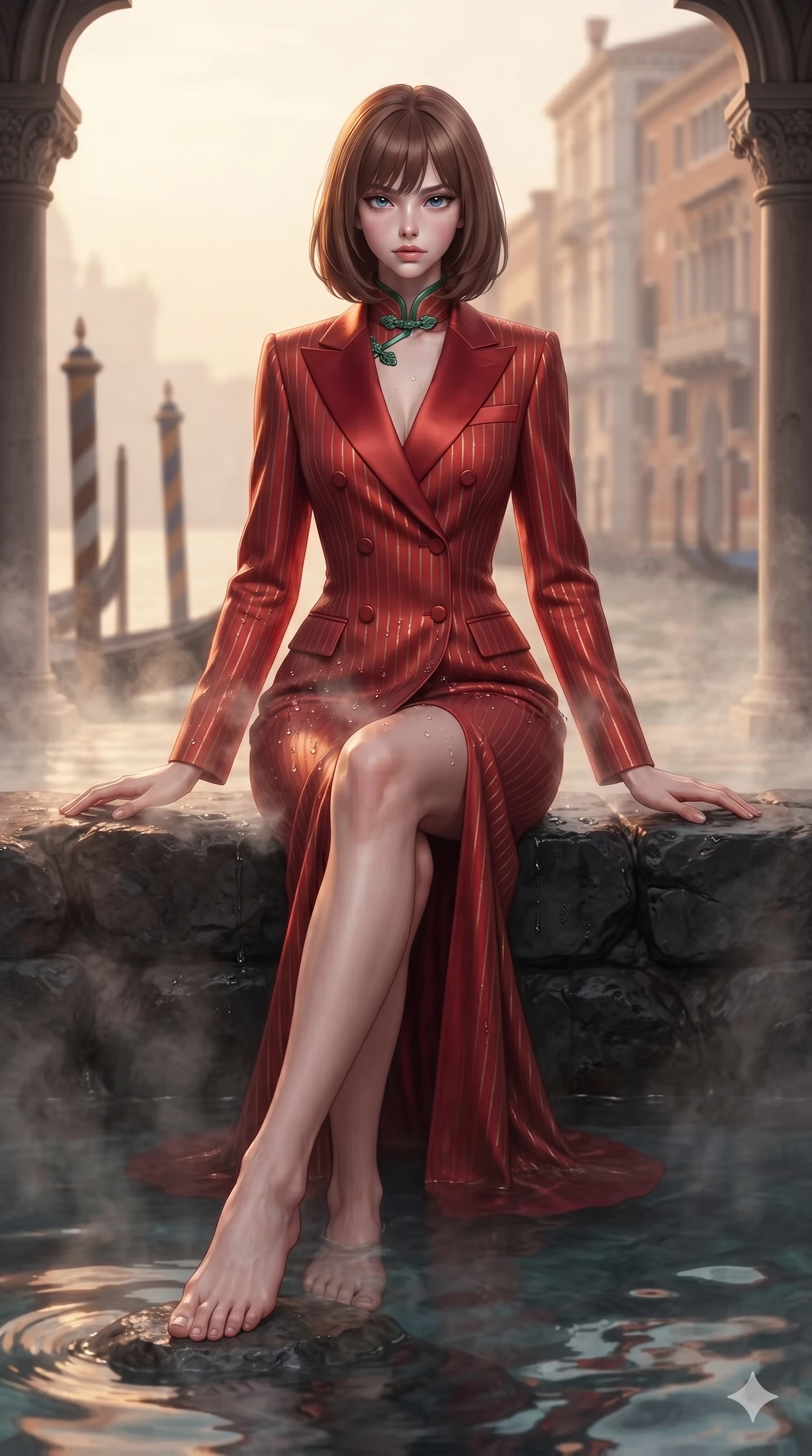 score_9, masterpiece, best quality, ultra-detailed, high-budget anime keyframe, editorial fashion photography, tasteful artistic composition, Caucasian woman. low angle full-body shot from head to toe showing her feet, filling the entire 9:16 vertical frame with her statuesque presence, stretching her vertical silhouette. sitting on the black basalt rock rim of the steaming geothermal lagoon, water droplets beading on her flat midriff and curvy hips while twisting her slender torso in an alluring S-curve between gothic trefoil arch columns, soft dawn speculars glinting off her narrow waist and curvy hips. The background shows a soft-focus gently drifting morning canal mist, antique gondola mooring poles, and distant Venetian palazzo facades blurred into amber, cream, and dusty rose bokeh. She has an exceptionally tall and slender model-like 8.5-heads proportion, an ultra-slim waist, a flat toned midriff, narrow delicate ribcage, and beautifully sculpted feminine hips creating a graceful, slim hourglass silhouette without any bulky heaviness, with impossibly long slender legs. sharp v-shaped jawline, high-bridge nose, intricate jewel-like sparkling eyes with depth, thick eyelashes, glossy parted lips with a natural sheen, intensely captivating and seductive bedroom-eyes expression, exuding both youthful cute charm and sovereign luxury allure, flawlessly proportioned anatomical accuracy, strict slender model proportions, natural body alignment, perfectly sculpted long slender limbs, ultra-slim waistline, clean dynamic posture without body distortion. wearing a tailored double-breasted tuxedo evening dress with structured satin lapels and metallic pinstripes in imperial vermilion silk and warm bronze, tailored from heavy double-faced silk georgette with an exceptionally fluid drape, finished with sleek jade frog closures glinting along her high collar, the impeccably tailored cut draping gracefully along her slender figure with aristocratic poise. illuminated by canal surface reflection bounce and sharp golden-amber rim lights sculpting her razor-sharp jawline, narrow waist, and curvy hips. ultra-reflective glossy finish, specular highlights, rich textural contrasts, high-contrast stereoscopic depth, volumetric dynamic lighting, 2k, ultra detail, master piece, 9:16 ratio