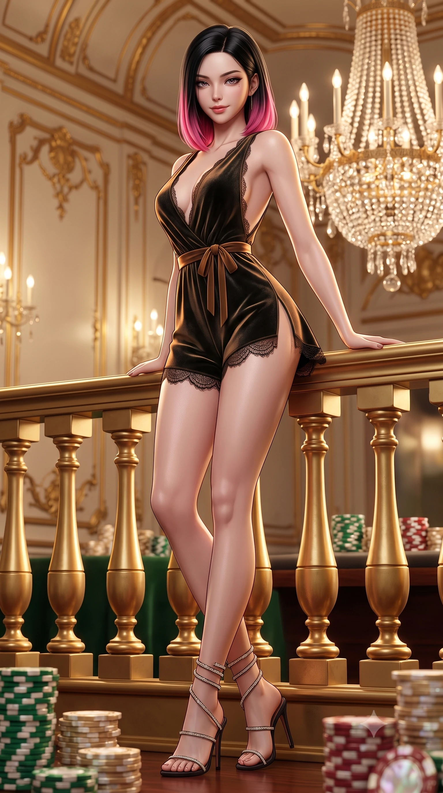 score_9, masterpiece, best quality, ultra-detailed, high-budget anime keyframe, semi-realistic 3D game render, editorial fashion photography, tasteful artistic composition, Korean woman. low angle full-body shot from head to toe showing her feet, filling the entire 9:16 vertical frame with her statuesque presence, stretching her vertical silhouette. leaning deep against the balcony balustrade with hips cocked back in an unapologetically alluring high-fashion stance, casting an intoxicating glance while twisting her slender torso in an alluring contrapposto stance, glittering gold chandeliers and deep green velvet reflections sculpting her curves. The background shows a soft-focus gilded French rococo wall moldings, massive Bohemian crystal chandeliers, and stacks of mother-of-pearl casino plaques blurred into emerald, champagne-gold, and ruby bokeh. She has an absolutely perfect, statuesque 8.5-heads proportion, an exceptionally tall and slender model-like female figure with impossibly long slender legs, an ultra-slim waist, a flat toned midriff, narrow delicate ribcage, and beautifully sculpted feminine hips creating a graceful, slim hourglass silhouette without any bulky heaviness. sharp v-shaped jawline, high-bridge nose, sparkling eyes with hypnotic seductive depth, thick curled eyelashes, glossy parted lips with a natural dewy peach sheen, alluring bedroom-eyes with an enchanting coquettish smile, exuding magnetic siren charisma and sophisticated glamour, flawlessly proportioned anatomical accuracy, strict slender model proportions, natural body alignment, perfectly sculpted long slender limbs, ultra-slim waistline, clean dynamic posture without body distortion. wearing a plunge-neck stretch velvet romper with scalloped eyelash-lace hems and a cinched waist ribbon in Ayung volcanic charcoal and molten bronze, tailored from fine structural neoprene with crisp architectural edges and smooth contouring, complemented by strappy stiletto sandals with crystal ankle wraps accentuating her slender calves, the high-slit wrap tailoring accentuating her ultra-slim waistline and the enchanting curve of her feminine hips with alluring seductive charm. illuminated by mahogany table surface bounce and sharp royal-gold rim lights defining her razor-sharp jawline, narrow waist, and curvy hips. highly saturated vibrant anime colors, detailed shading with soft gradients, rich glossy textures, high-contrast stereoscopic depth, volumetric dynamic lighting, master piece, 9:16 ratio