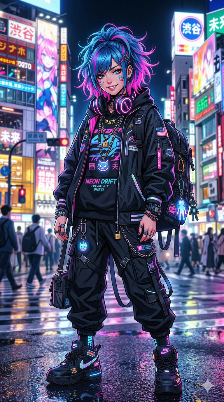 A breathtakingly beautiful girl with blue hair dipped in neon pink, wearing an oversized streetwear outfit with bold accessories, vibrant anime-movie aesthetic, 2k, ultra detail, master piece, 9:16 ratio