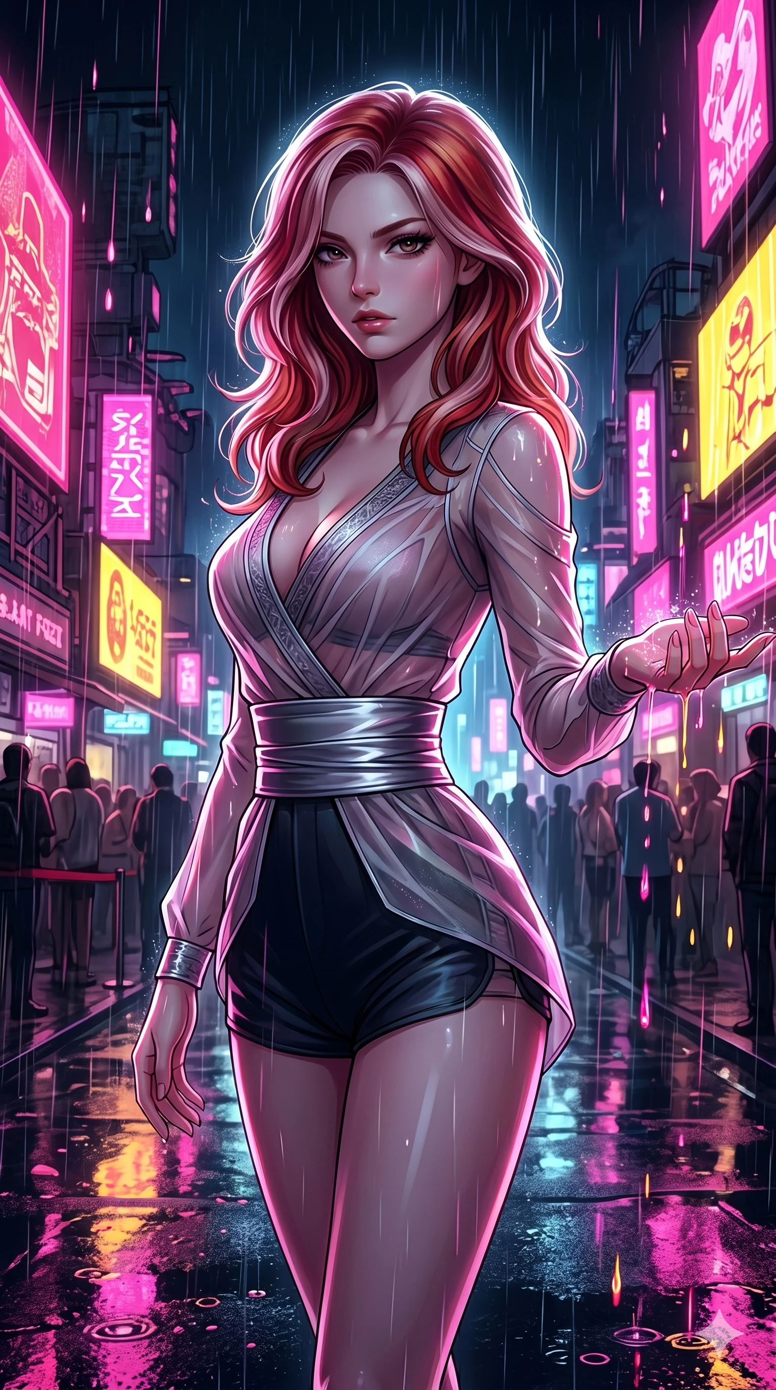 score_9, masterpiece, best quality, ultra-detailed, high-budget anime keyframe, Caucasian woman, strictly human ears. Upper body close-up from the thighs up, character filling the screen for maximum presence. She is turning around sharply in a futuristic night market, with rain reflections on wet asphalt. She reaches out a hand to catch neon-lit rain droplets with an intense, magnetic gaze. She has an absolutely perfect 8-heads proportion, an exceptionally tall and slender female figure with impossibly long slender legs and an ultra-slim waist. V-shaped jawline, high-bridge nose, intricate jewel-like eyes with depth, thick eyelashes, glossy lips with a natural sheen. She is wearing a shortened cyber-fusion wrap top with transparent chiffon panels, a deep crossover neckline, and a high-waisted metallic sash that accentuates her ultra-slim waist. The scene is lit by bright pink and yellow neon billboards and a sharp white key light tracing her silhouette. 2k, ultra detail, master piece, 9:16 ratio