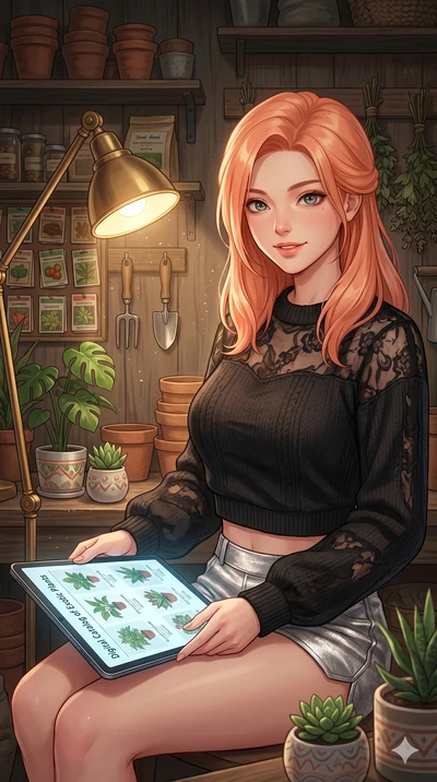 score_9, masterpiece, best quality, ultra-detailed, high-budget anime keyframe, Japanese woman. Upper body close-up from the thighs up, character filling the screen for maximum presence. Inside a cozy garden shed, reading a digital catalog of plants,