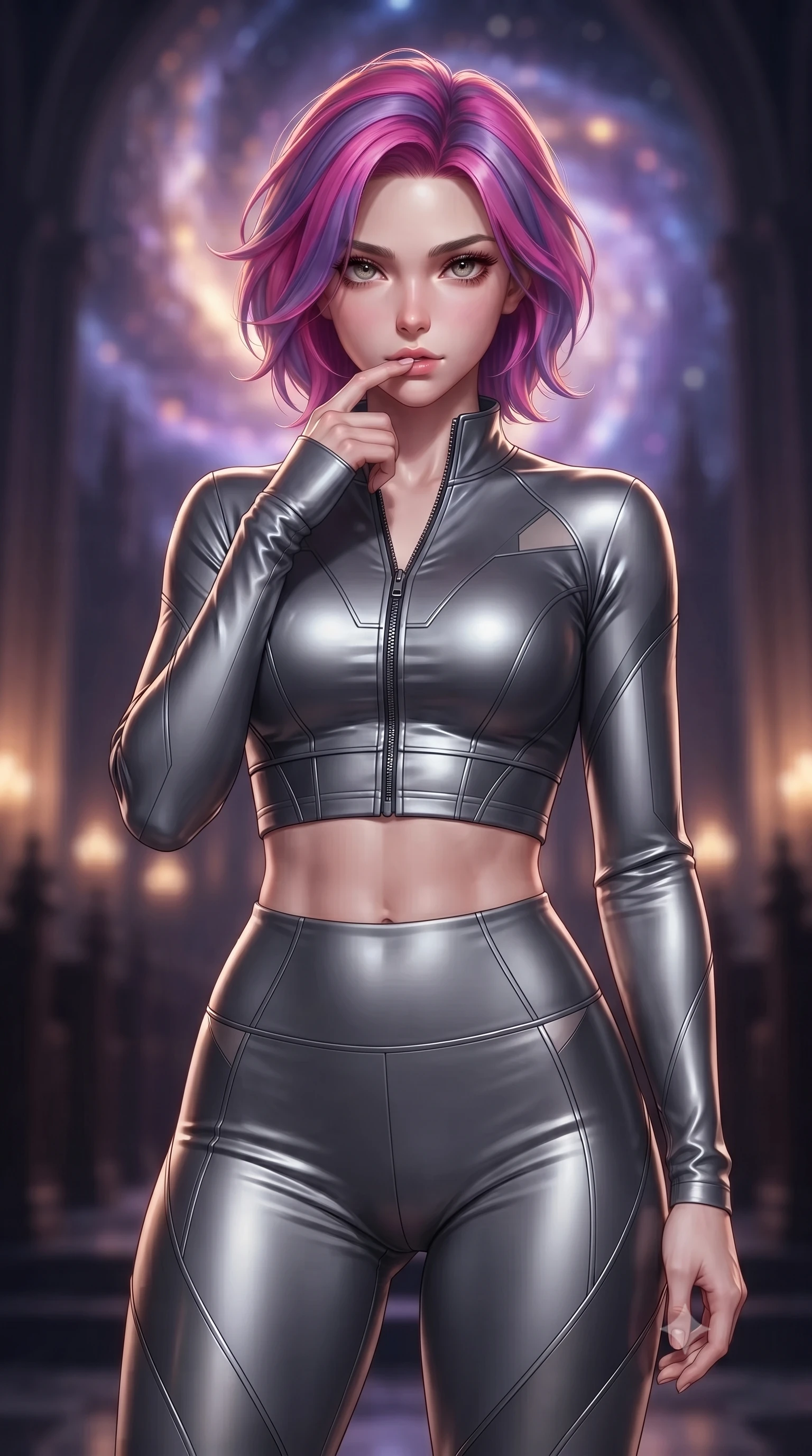 score_9, masterpiece, best quality, ultra-detailed, high-budget anime keyframe, editorial fashion photography, tasteful artistic composition, Caucasian woman. close-up cowboy shot from the waist and thighs up, the character dominates the composition, filling the frame with her large presence, background elements kept in soft focus. pressing one finger to her bottom lip in a thoughtful, composed gesture, locking eyes with the viewer, the background shows a soft-focus an obsidian cathedral altar under a swirling cosmic nebula. She has an exceptionally elegant, slender, and willowy female figure with an ultra-slim waist, a gracefully sculpted slender torso, and a refined silhouette. sharp v-shaped jawline, high-bridge nose, intricate jewel-like eyes with depth, thick eyelashes, glossy lips with a natural sheen. wearing a tailored body-hugging high-neck activewear set of a zipped long-sleeve crop top and matching leggings in carbon-grey. soft violet and amber starlight casting cozy shadows on the altar stone. ultra-reflective glossy finish, specular highlights, metallic sheen, high-contrast stereoscopic depth, volumetric dynamic lighting, 2k, ultra detail, master piece, 9:16 ratio