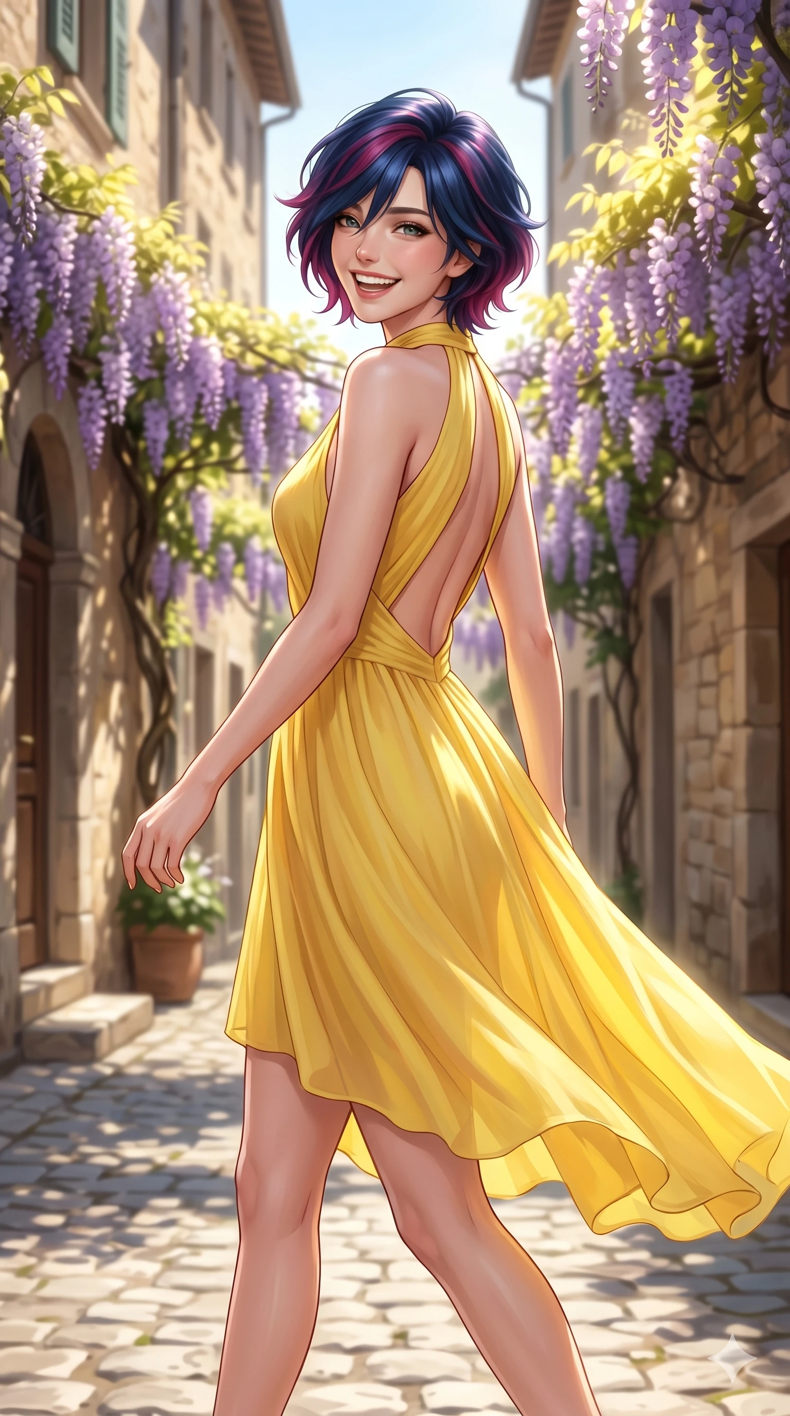 score_9, masterpiece, best quality, ultra-detailed, high-budget anime keyframe, editorial fashion photography, tasteful artistic composition, Korean woman. cowboy shot from the thighs up, character and outfit filling the frame for maximum editorial presence. turning around with a bright laugh, her eyes full of happiness and warmth walking along a cobblestone street lined with blooming wisteria in a sunny village. She has an absolutely perfect 8-heads proportion, an exceptionally tall and slender female figure with impossibly long slender legs and an ultra-slim waist. V-shaped jawline, high-bridge nose, intricate jewel-like eyes with depth, thick eyelashes, glossy lips with a natural sheen. wearing a yellow chiffon dress with a graceful halter neck and an open-back design. drenched in brilliant midday sunlight that makes the wisteria and her dress glow intensely. 2k, ultra detail, master piece, 9:16 ratio