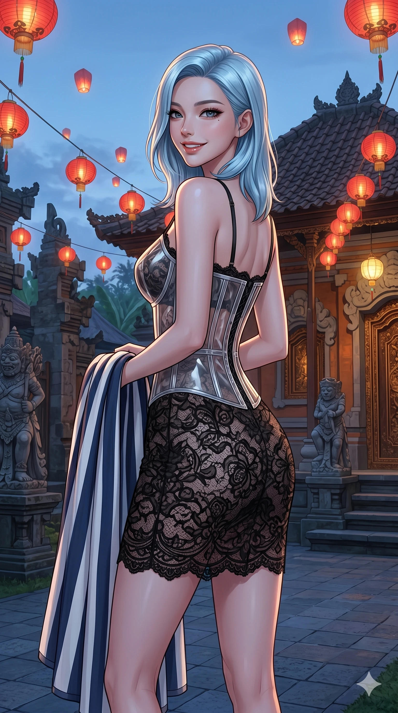 score_9, masterpiece, best quality, ultra-detailed, high-budget anime keyframe, editorial fashion photography, tasteful artistic composition, Korean woman. cowboy shot from the thighs up, character and outfit filling the frame for maximum editorial presence. holding a beach towel, looking over her shoulder with a magnetic smile in a resort courtyard temple with floating decorative red lanterns (Code-P19-183). She has an absolutely perfect 8-heads proportion, an exceptionally tall and slender female figure with impossibly long slender legs and an ultra-slim waist. V-shaped jawline, high-bridge nose, intricate jewel-like eyes with depth, thick eyelashes, glossy lips with a natural sheen. wearing a transparent PVC corset over a black lace dress. soft blue twilight glow mixed with warm window light, tracing her jawline and nose. 2k, ultra detail, master piece, 9:16 ratio