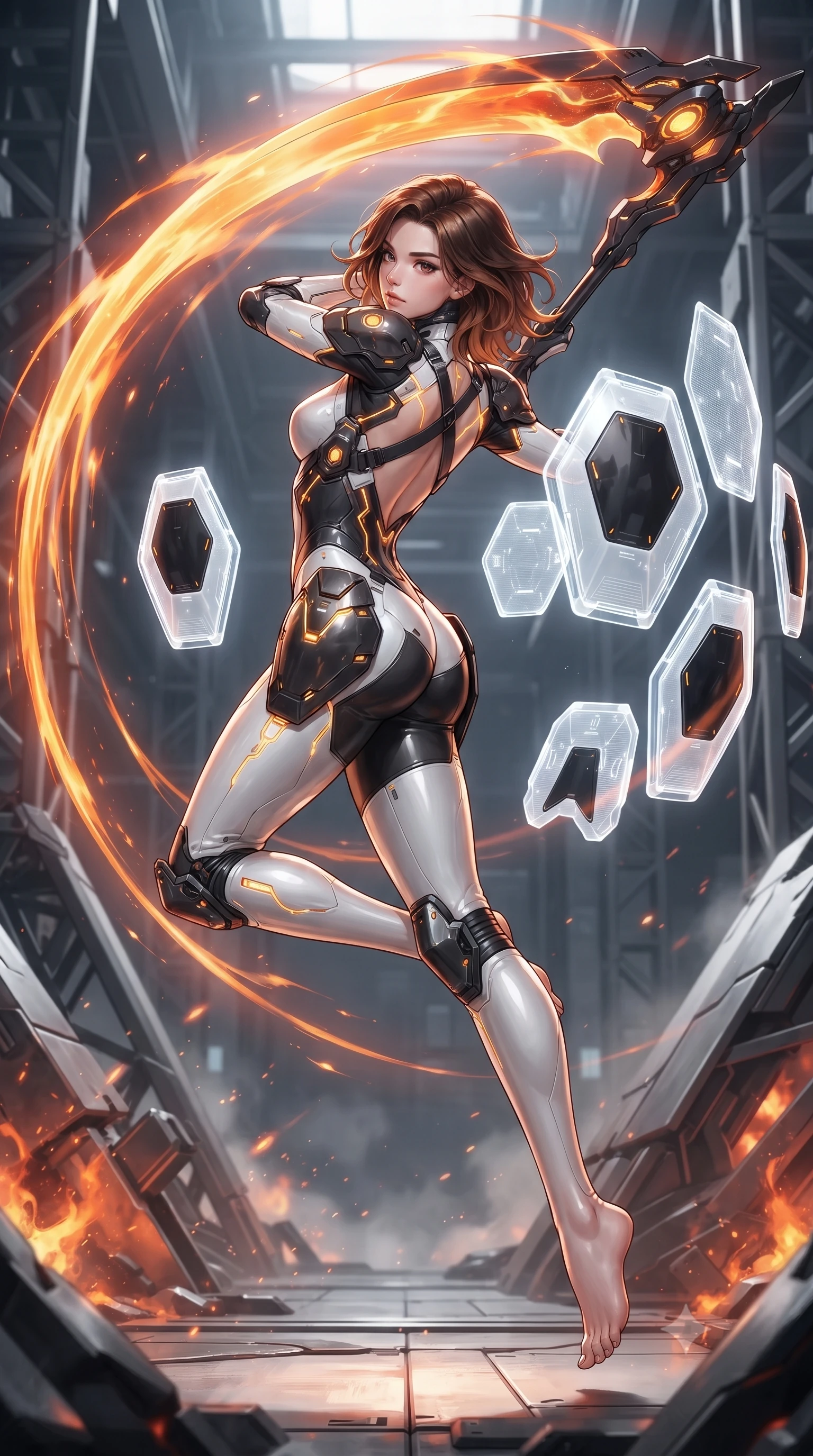score_9, masterpiece, best quality, ultra-detailed, high-budget anime keyframe, editorial fashion photography, tasteful artistic composition, Korean woman. low angle full-body shot from head to toe showing her feet, filling the entire 9:16 vertical frame with her statuesque presence, stretching her vertical silhouette. arching her back gracefully in mid-air during a dynamic combat vault, her weapon energy trail framing her statuesque presence while pivoting dynamically in a sweeping spin as the molten-orange plasma scythe blade leaves a blazing crescent of light in mid-air. The surrounding environment is rendered in vivid detail and crisp panoramic clarity. sharp heat-resistant carbon armor plate edges, magma bubble bursts, and steel support beams in high resolution. She has an absolutely perfect, statuesque 8.5-heads proportion, an exceptionally tall and slender model-like female figure with impossibly long slender legs, a toned flat midriff, and an ultra-slim waist. sharp v-shaped jawline, high-bridge nose, intricate jewel-like eyes with depth, thick eyelashes, glossy lips with a natural sheen, flawlessly proportioned anatomical accuracy, strict slender model proportions, natural body alignment, perfectly sculpted long slender limbs, ultra-slim waistline, clean dynamic posture without body distortion. wearing a high-contrast monochrome white-and-black carbon-composite exoskeleton suit with glowing amber circuitry, deploying floating hexagonal holographic energy shields with sovereign grace in monochrome white enamel carbon with high-contrast black panels, made of liquid carbon-jersey fabric adhering flawlessly to her sculpted silhouette, complemented by criss-cross back harness straps highlighting her completely bare spine, the form-contouring material adhering flawlessly to her sculpted flat midriff and slender torso, emphasizing her long leg lines and perfectly proportioned willowy build. surrounded by a fierce, elemental, and irresistibly powerful cyber-valkyrie of fire atmosphere. ultra-reflective glossy finish, specular highlights, dark metallic sheen, high-contrast stereoscopic depth, volumetric dynamic lighting, 2k, ultra detail, master piece, 9:16 ratio
