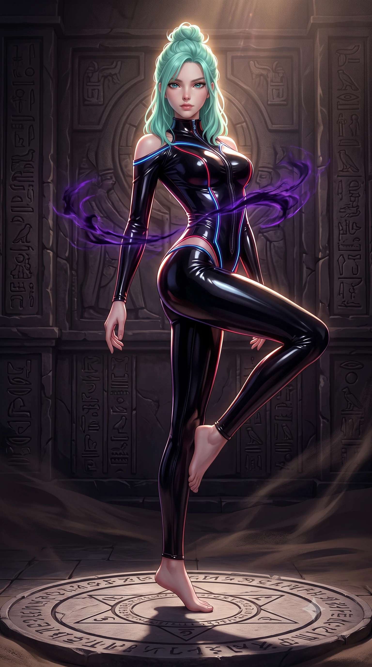 score_9, masterpiece, best quality, ultra-detailed, high-budget anime keyframe, semi-realistic 3D game render, editorial fashion photography, tasteful artistic composition, Japanese woman. low angle full-body shot from head to toe showing her feet, filling the entire 9:16 vertical frame with her statuesque presence, stretching her vertical silhouette. arching her back against the dark stone wall with provocative poise, extending one long slender leg to accentuate her razor-sharp statuesque silhouette while pivoting dynamically on a circular stone glyph platform as dark violet magical wisps wrap around her slender waist. The surrounding environment is rendered in vivid detail and crisp panoramic clarity. intricate stone altar reliefs, wind-swept dark sand, and solar corona flares in high resolution. She has an absolutely perfect, statuesque 8.5-heads proportion, an exceptionally tall and slender model-like female figure with impossibly long slender legs, a toned flat midriff, and an ultra-slim waist. sharp v-shaped jawline, high-bridge nose, intricate jewel-like eyes with depth, thick eyelashes, glossy lips with a natural sheen, flawlessly proportioned anatomical accuracy, strict slender model proportions, natural body alignment, perfectly sculpted long slender limbs, ultra-slim waistline, clean dynamic posture without body distortion. wearing a glossy black second-skin latex bodysuit with high-thigh cuts, exposed clavicle neckline, and gleaming dark zipper details in shadowy asphalt black and subtle neon red edges, formed from high-gloss patent material with specular chiaroscuro reflections, accented with glowing fiber-optic seams tracing her collarbones and hip curves in the gloom, the glove-like aerodynamic second-skin fit tightly clinging to her ultra-slender waist and athletic curves without adding bulk, accentuating her razor-sharp statuesque lines and slim hourglass silhouette. surrounded by an awe-inspiring, forbidden, and intensely provocative dark-goddess aura. rich saturated anime colors with deep moody shadows, detailed chiaroscuro shading with soft gradients, rich glossy textures, high-contrast stereoscopic depth, volumetric dynamic shadow lighting, master piece, 9:16 ratio