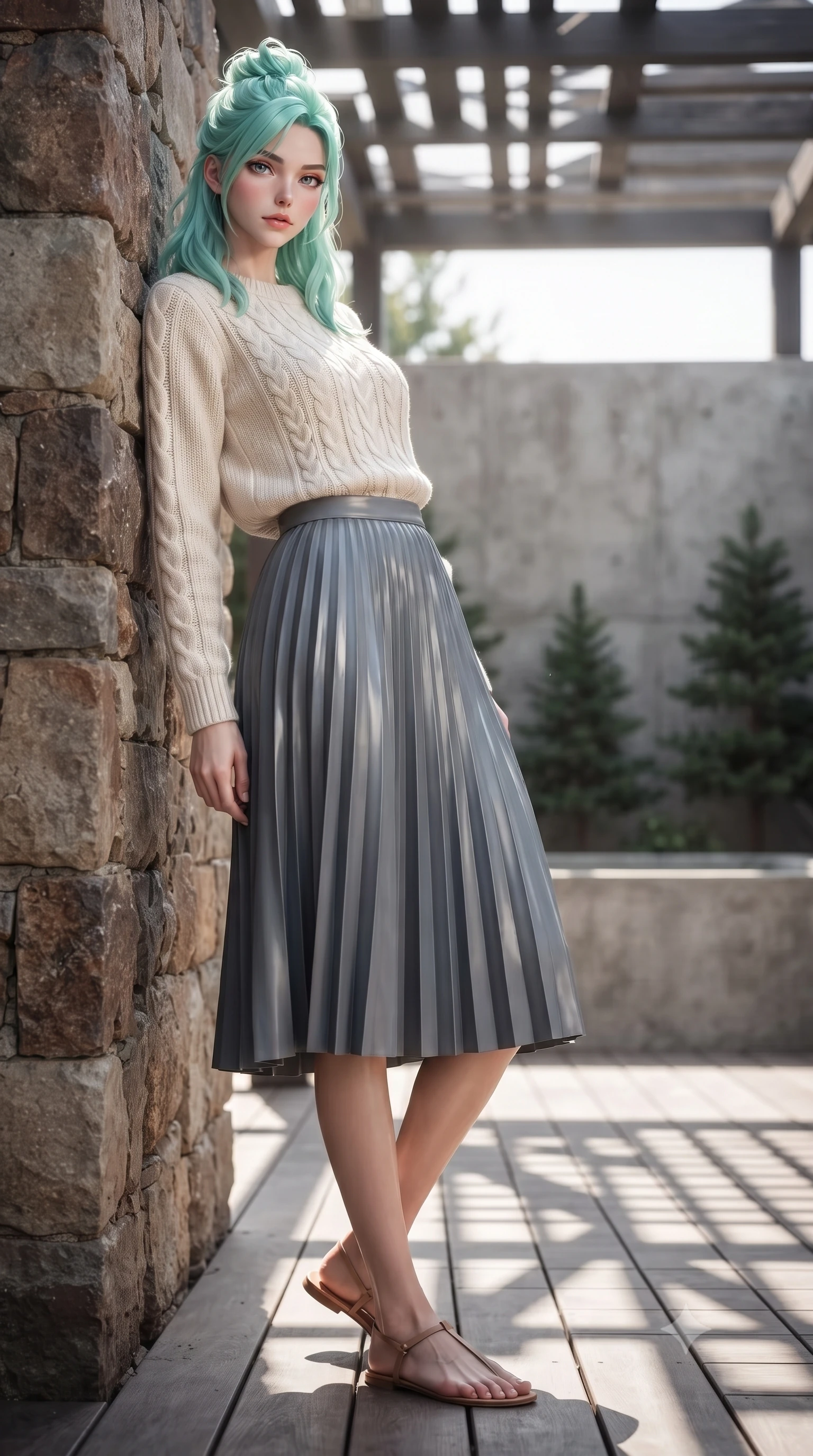 score_9, masterpiece, best quality, ultra-detailed, high-budget anime keyframe, editorial fashion photography, tasteful artistic composition, Japanese woman woman. low angle full-body shot from head to toe showing her feet, filling the entire 9:16 vertical frame with her statuesque presence, stretching her vertical silhouette. leaning back against a rustic stone wall, casting a slow, alluring gaze at the camera the background shows a soft-focus an outdoor bath deck with concrete walls and miniature pine trees. She has an absolutely perfect, statuesque 8.5-heads proportion, an exceptionally tall and slender model-like female figure with impossibly long slender legs and an ultra-slim waist. sharp v-shaped jawline, high-bridge nose, intricate jewel-like eyes with depth, thick eyelashes, glossy lips with a natural sheen. wearing a tailored cozy cable-knit knit sweater in ivory, paired with a pleated slate grey midi skirt. sharp morning sunbeams casting structured shadows across the deck. ultra-reflective glossy finish, specular highlights, metallic sheen, high-contrast stereoscopic depth, volumetric dynamic lighting, 2k, ultra detail, master piece, 9:16 ratio