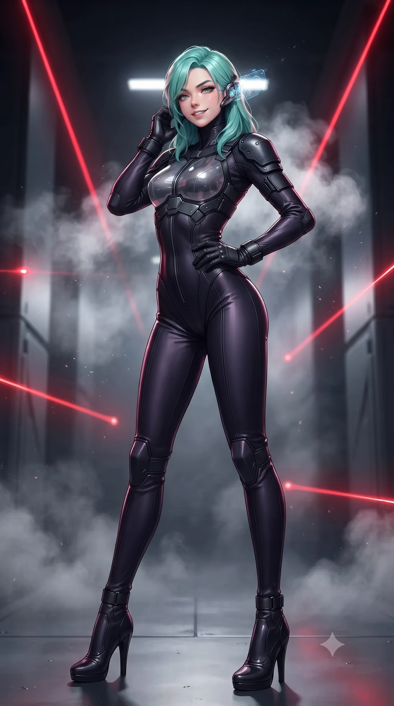 score_9, masterpiece, best quality, ultra-detailed, high-budget anime keyframe, editorial fashion photography, tasteful artistic composition, Japanese woman. low angle full-body shot from head to toe showing her feet, filling the entire 9:16 vertical frame with her statuesque presence, stretching her vertical silhouette. standing poised with one hip cocked in an alluring high-fashion pose, her tall 8.5-heads proportions dominating the scene while standing poised between narrow laser beam corridors, tapping her holographic earpiece with a cool, triumphant smirk. The composition keeps background elements in soft focus with creamy bokeh. cooling vapor wisps and airborne particulate dust catching bright red laser beam motes. She has an absolutely perfect, statuesque 8.5-heads proportion, an exceptionally tall and slender model-like female figure with impossibly long slender legs, a toned flat midriff, and an ultra-slim waist. sharp v-shaped jawline, high-bridge nose, intricate jewel-like eyes with depth, thick eyelashes, glossy lips with a natural sheen, captivating and magnetic expression, flawlessly proportioned anatomical accuracy, strict slender model proportions, natural body alignment, perfectly sculpted long slender limbs, ultra-slim waistline, clean dynamic posture without body distortion. wearing a sleek tailored stealth catsuit with transparent armor breastplate and tactical shoulder pauldrons in shadow black with subtle deep violet undertones, crafted from matte cybernetic vinyl with concealed magnetic locks, finished with discreet carbon fiber knuckle guards and matte black buckles, the glove-like aerodynamic second-skin fit tightly clinging to her ultra-slender waist and athletic curves without adding bulk, accentuating her razor-sharp statuesque lines and slim hourglass silhouette. illuminated by crisp directional rim lighting sharply carving her ultra-slim waist and sculpted silhouette. ultra-reflective glossy finish, specular highlights, rich textural contrasts, high-contrast stereoscopic depth, volumetric dynamic lighting, 2k, ultra detail, master piece, 9:16 ratio