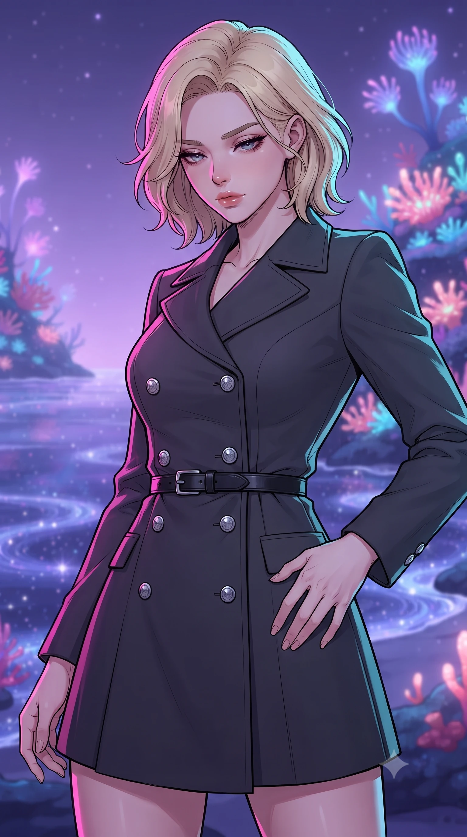 score_9, masterpiece, best quality, ultra-detailed, high-budget anime keyframe, gorgeous anime illustration, with clean line-art and distinct ink outlines, Caucasian woman, strictly human ears. close-up cowboy shot from the waist and thighs up, the character dominates the composition, filling the frame with her large presence, background elements kept in soft focus. Looking down with lowered lashes and a composed powerful expression. set against a soft-focus background of walking along a shoreline where the sea is made of liquid starlight and the coral reefs grow upwards into the sky, glowing space anemones emitting soft pulses under a lavender night sky. She has an exceptionally elegant and slender, willowy female figure with an ultra-slim waist, a gracefully sculpted slender torso, and a refined slim physique. sharp v-shaped jawline, high-bridge nose, intricate jewel-like eyes with depth, thick eyelashes, glossy lips with a natural sheen. wearing a double-breasted charcoal coat dress with silver buttons, styled with a slim black leather belt. dual-tone lighting with hot magenta from the left and cool cyan from the right. 2k, ultra detail, master piece, 9:16 ratio, vibrant anime color palette, detailed cel-shading with soft gradients, rich contrast, dynamic lighting, 2d animation style