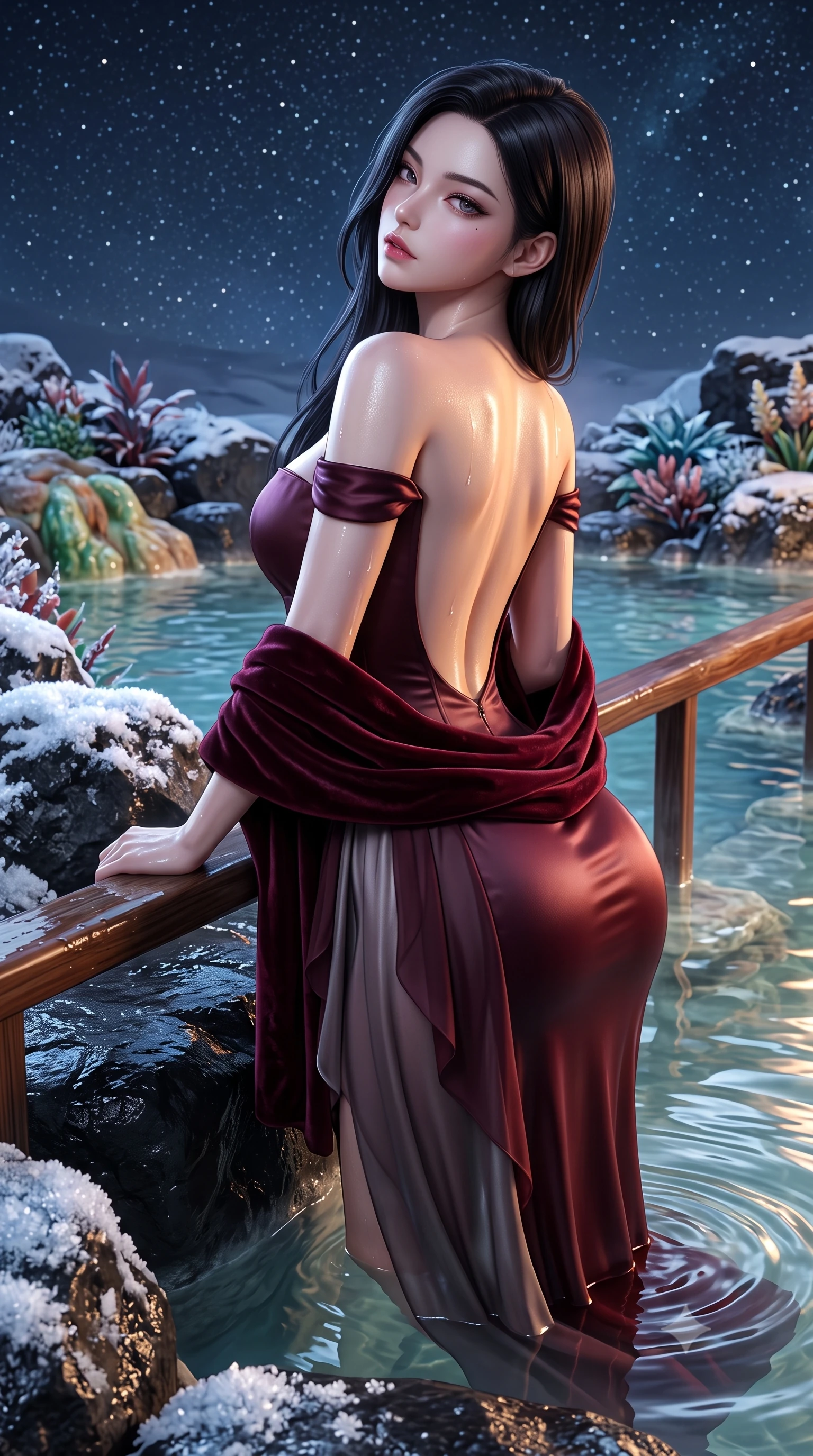 score_9, masterpiece, best quality, ultra-detailed, high-budget anime keyframe, semi-realistic 3D game render, editorial fashion photography, tasteful artistic composition, Korean woman. close-up cowboy shot from the waist and thighs up, the character dominates the composition, filling the frame with her large presence. leaning forward against the polished railing with her hips cocked back, creating an intoxicating curve from her narrow waist to sculpted hips as she gazes back into the lens while leaning back against a smooth black lava rock ledge, head tilted back toward the starry Arctic sky as warm water caresses her slender curves. The surrounding environment is rendered in vivid detail and crisp panoramic clarity. detailed silica mineral water ripples, wet fabric sheen, and frosty snow crystals in high resolution. She has an exceptionally elegant, slender, and willowy female figure with an ultra-slim waist, flat toned midriff, narrow ribcage, and sculpted feminine hips creating an alluring, slim hourglass silhouette without bulk. sharp v-shaped jawline, high-bridge nose, intricate jewel-like eyes with depth, thick eyelashes, glossy parted lips with a natural sheen, intensely captivating and seductive bedroom-eyes expression, flawlessly proportioned anatomical accuracy, strict slender model proportions, natural body alignment, perfectly sculpted long slender limbs, ultra-slim waistline, clean dynamic posture without body distortion. wearing an off-shoulder French court corset bodice dress paired with a tiered translucent chiffon slit skirt in deep wine burgundy and brushed dark platinum, tailored from smooth liquid silk satin adhering seamlessly to her skin, complemented by a plush velvet shawl draped loosely over her elbows, the dramatically scooped open back descending to the base of her spine, accentuating her razor-sharp statuesque lines and slim hourglass silhouette. illuminated by wet specular highlights accentuating her slender neckline, sculpted waist, and rounded hips. highly saturated vibrant anime colors, detailed shading with soft gradients, rich glossy textures, high-contrast stereoscopic depth, volumetric dynamic lighting, master piece, 9:16 ratio