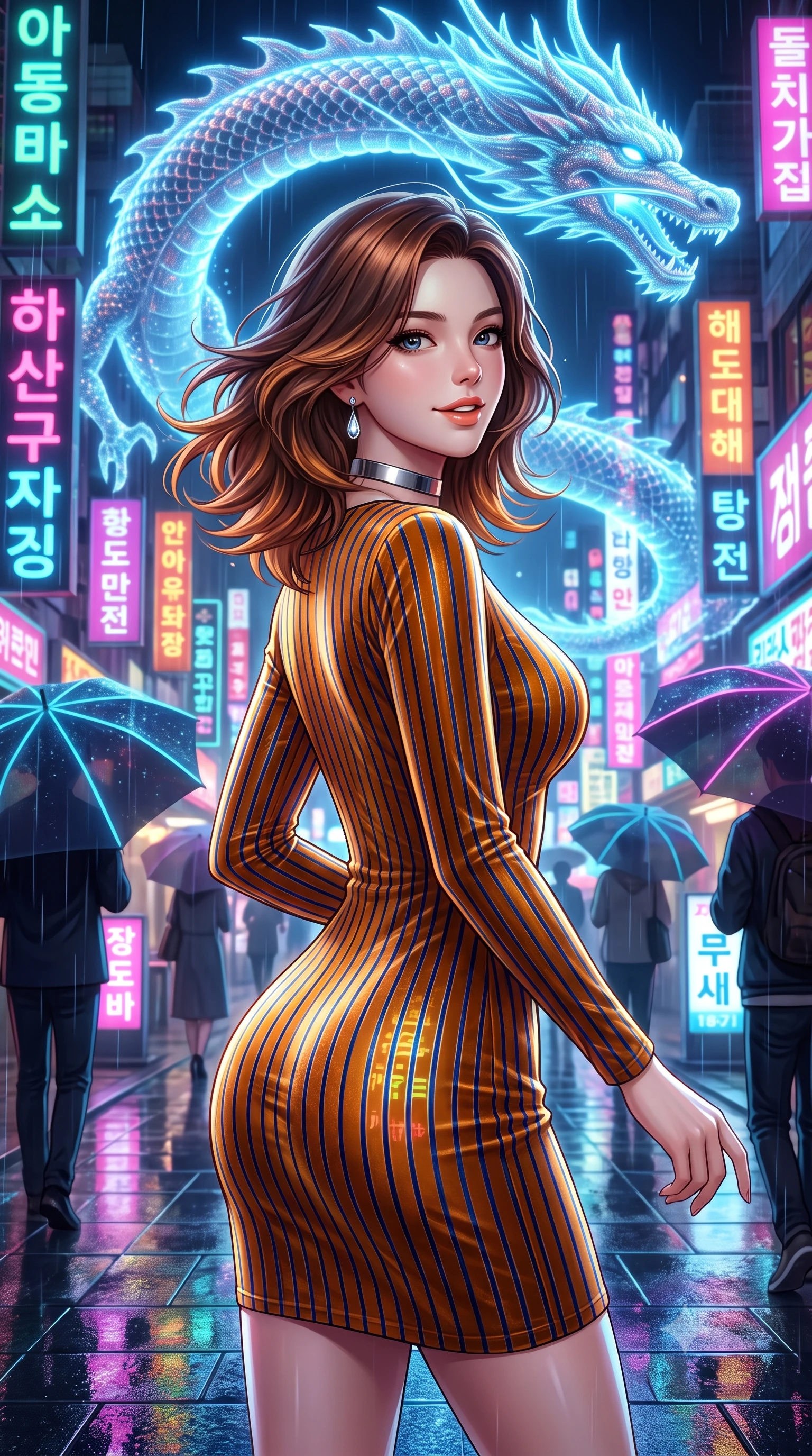 score_9, masterpiece, best quality, ultra-detailed, high-budget anime keyframe, semi-realistic 3D game render, editorial fashion photography, tasteful artistic composition, Korean woman. close-up cowboy shot from the waist and thighs up, the character dominates the composition, filling the frame with her large presence. turning slowly with an enchanting smoldering smile, her glossy hair tossing in the breeze as her hips angle gracefully in a captivating contrapposto while twisting her slender torso in an alluring contrapposto stance, multicolored neon Hangul typography reflecting across her narrow waist and curvy hips. The surrounding environment is rendered in vivid detail and crisp panoramic clarity: sharp wet granite paver reflections, intricate holographic scales on the floating dragon, and razor-sharp laser umbrella ribs in deep focus. She has an exceptionally elegant, slender, and willowy female figure with an ultra-slim waist, flat toned midriff, narrow ribcage, and sculpted feminine hips creating an alluring, slim hourglass silhouette without bulk. sharp v-shaped jawline, high-bridge nose, intricate jewel-like sparkling eyes with depth, thick eyelashes, glossy parted lips with a natural peach sheen, bright cheerful beaming smile with an enchanting and coquettish sensual glint, exuding both youthful cute charm and seductive allure, flawlessly proportioned anatomical accuracy, strict slender model proportions, natural body alignment, perfectly sculpted long slender limbs, ultra-slim waistline, clean dynamic posture without body distortion. wearing a tailored velvet bodycon dress with metallic fiber pinstripes following her statuesque 8.5-heads silhouette in Jovian amber and electric storm cobalt, made of fluid liquid jersey with seamless sculpting hold and smooth contours, finished with a minimalist chrome choker and a single teardrop diamond pendant, the form-contouring silhouette accentuating her sculpted flat midriff, narrow delicate ribcage, and gracefully curvy hips with intoxicating allure. bathed in the glowing azure radiance of the monumental holographic dragon mixed with neon street reflections. highly saturated vibrant anime colors, detailed shading with soft gradients, rich glossy textures, high-contrast stereoscopic depth, volumetric dynamic lighting, master piece, 9:16 ratio