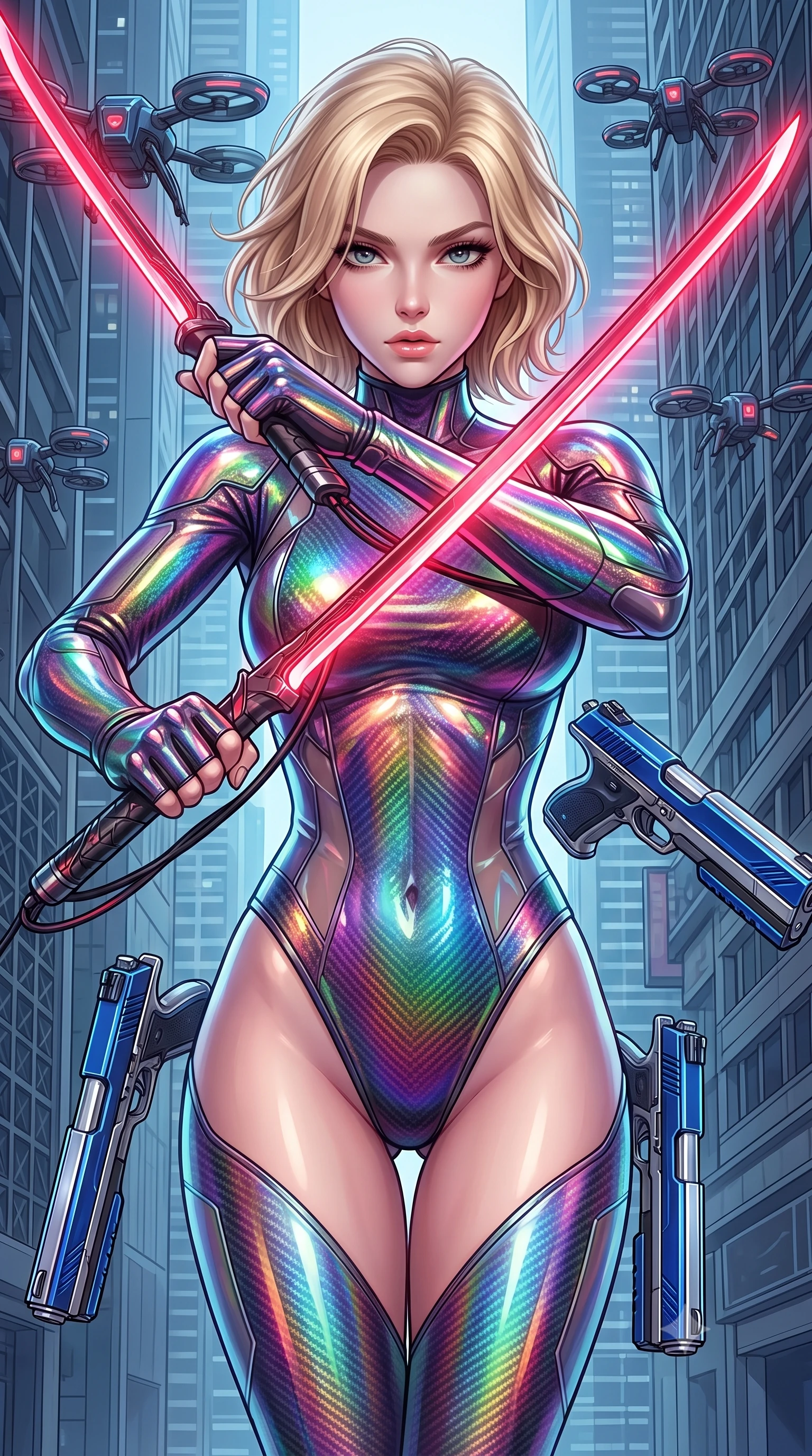 score_9, masterpiece, best quality, ultra-detailed, high-budget anime keyframe, semi-realistic 3D game render, editorial fashion photography, tasteful artistic composition, Caucasian woman. close-up cowboy shot from the waist and thighs up, the character dominates the composition, filling the frame with her large presence. looking into the camera lens with intense, captivating depth, softly parted glossy lips and thick eyelashes framing her fierce battle-ready gaze while pivoting dynamically in mid-stride with twin glowing crimson high-frequency vibro-blades drawn in a deadly X-stance. The surrounding environment is rendered in vivid detail and crisp panoramic clarity. intricate hilt power cables, hovering traffic drones, and skyscraper facade lattices in high clarity. She has an exceptionally elegant, slender, and willowy female figure with an ultra-slim waist, a gracefully sculpted slender torso, toned flat midriff, and a refined slim silhouette. sharp v-shaped jawline, high-bridge nose, intricate jewel-like eyes with depth, thick eyelashes, glossy lips with a natural sheen, flawlessly proportioned anatomical accuracy, strict slender model proportions, natural body alignment, perfectly sculpted long slender limbs, ultra-slim waistline, clean dynamic posture without body distortion. wearing a high-gloss iridescent rainbow carbon-weave bodysuit with translucent cybernetic panels, brandishing dual sleek chrome particle beam pistols in a dynamic combat stance in electric cobalt blue carbon with polished platinum trim, made of lightweight aerodynamic carbon-titanium alloy with polished edge bevels, finished with high-mobility articulation joints and miniature magnetic armor locks, the glove-like aerodynamic second-skin fit tightly clinging to her ultra-slender waist and athletic curves without adding bulk, accentuating her razor-sharp statuesque lines and slim hourglass silhouette. surrounded by a fast, fierce, and intoxicatingly seductive cyber-assassin muse aura. rich saturated anime colors with glowing neon highlights, detailed shading with soft gradients, rich glossy textures, high-contrast stereoscopic depth, volumetric dynamic lighting, master piece, 9:16 ratio
