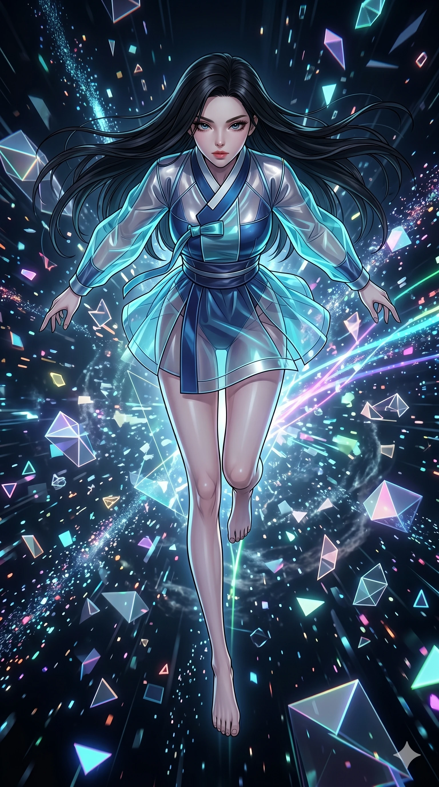 score_9, masterpiece, best quality, ultra-detailed, high-budget anime movie keyframe, cinematic anime lighting, intricate line art, Japanese woman. Extreme high angle shot as she leaps towards the camera, filling the frame. leaping through a storm of glowing geometric shapes in a VR void. She has an absolutely perfect 8-heads proportion, an exceptionally tall and slender female figure with an ultra-slim waist and impossibly long slender legs. strictly human anatomy, two legs only, no extra limbs, clearly defined legs and arms, perfect anatomy, perfect hands and fingers. sharp v-shaped jawline, high-bridge nose, intricate jewel-like eyes, thick eyelashes, glossy lips. Wearing Modern Traditional: Shortened cyber-hanbok with fusion silk robes and transparent panels. The scene is illuminated by dramatic atmospheric lighting and vibrant color palettes. , 2k, ultra detail, master piece, 9:16 ratio