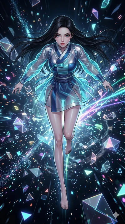 score_9, masterpiece, best quality, ultra-detailed, high-budget anime movie keyframe, cinematic anime lighting, intricate line art, Japanese woman. Extreme high angle shot as she leaps towards the camera, filling the frame. leaping through a storm of