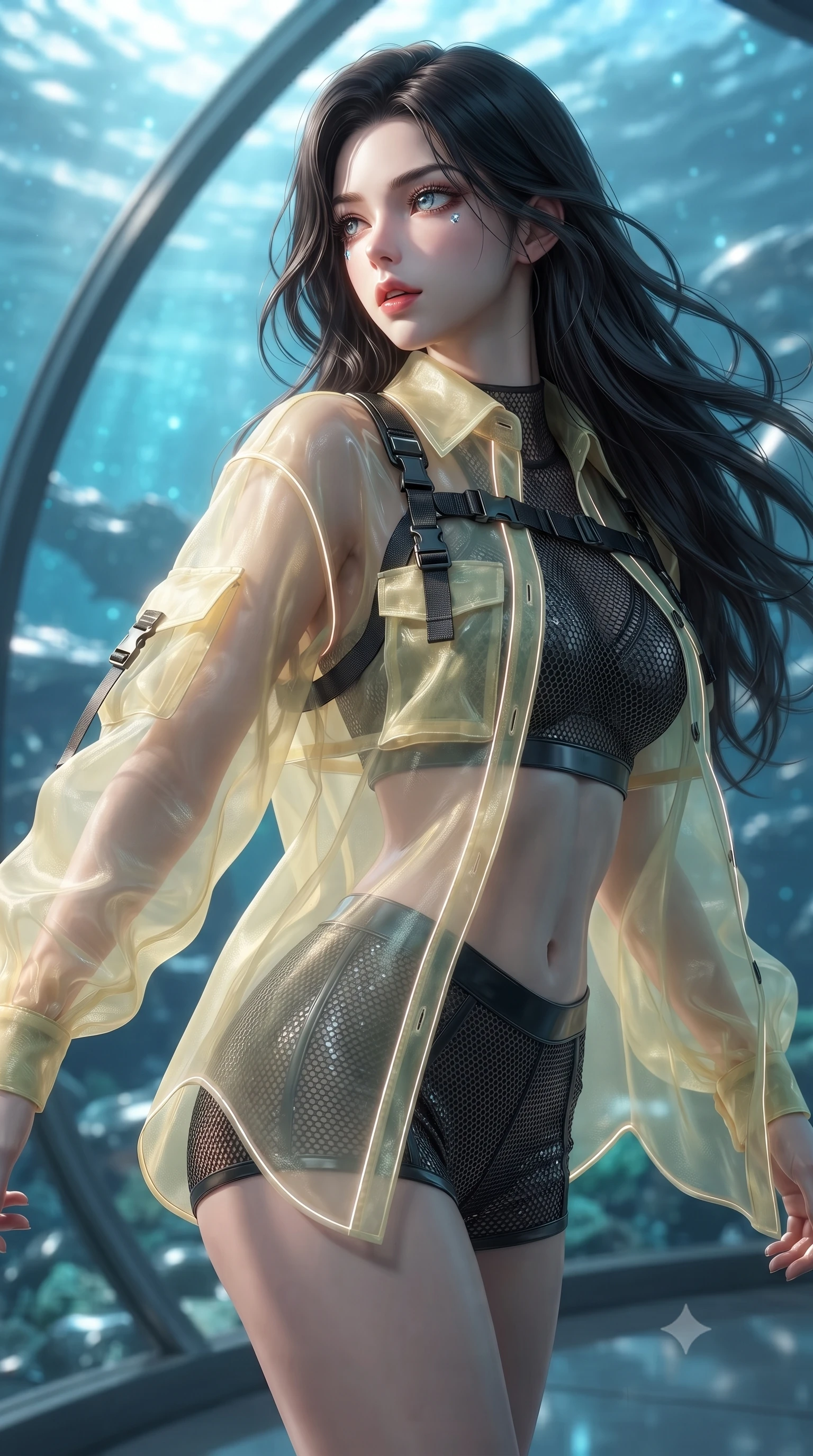 score_9, masterpiece, best quality, ultra-detailed, high-budget anime keyframe, editorial fashion photography, tasteful artistic composition, Korean woman. close-up cowboy shot from the waist and thighs up, the character dominates the composition, filling the frame with her large presence, background elements kept in soft focus. turning her face in profile to look over her shoulder, casting a smoldering side gaze with lips slightly parted, the background shows a soft-focus a sub-oceanic reef base with glass walls facing a sea of liquid chrome. She has an exceptionally elegant, slender, and willowy female figure with an ultra-slim waist, a gracefully sculpted slender torso, and a refined silhouette. sharp v-shaped jawline, high-bridge nose, intricate jewel-like eyes with depth, thick eyelashes, glossy lips with a natural sheen. wearing a body-hugging sheer organza combat shirt in pale yellow, worn open over a carbon-mesh crop top and micro-shorts. shifting aqua-blue starlight refracting through mercury waves onto her form. ultra-reflective glossy finish, specular highlights, metallic sheen, high-contrast stereoscopic depth, volumetric dynamic lighting, 2k, ultra detail, master piece, 9:16 ratio
