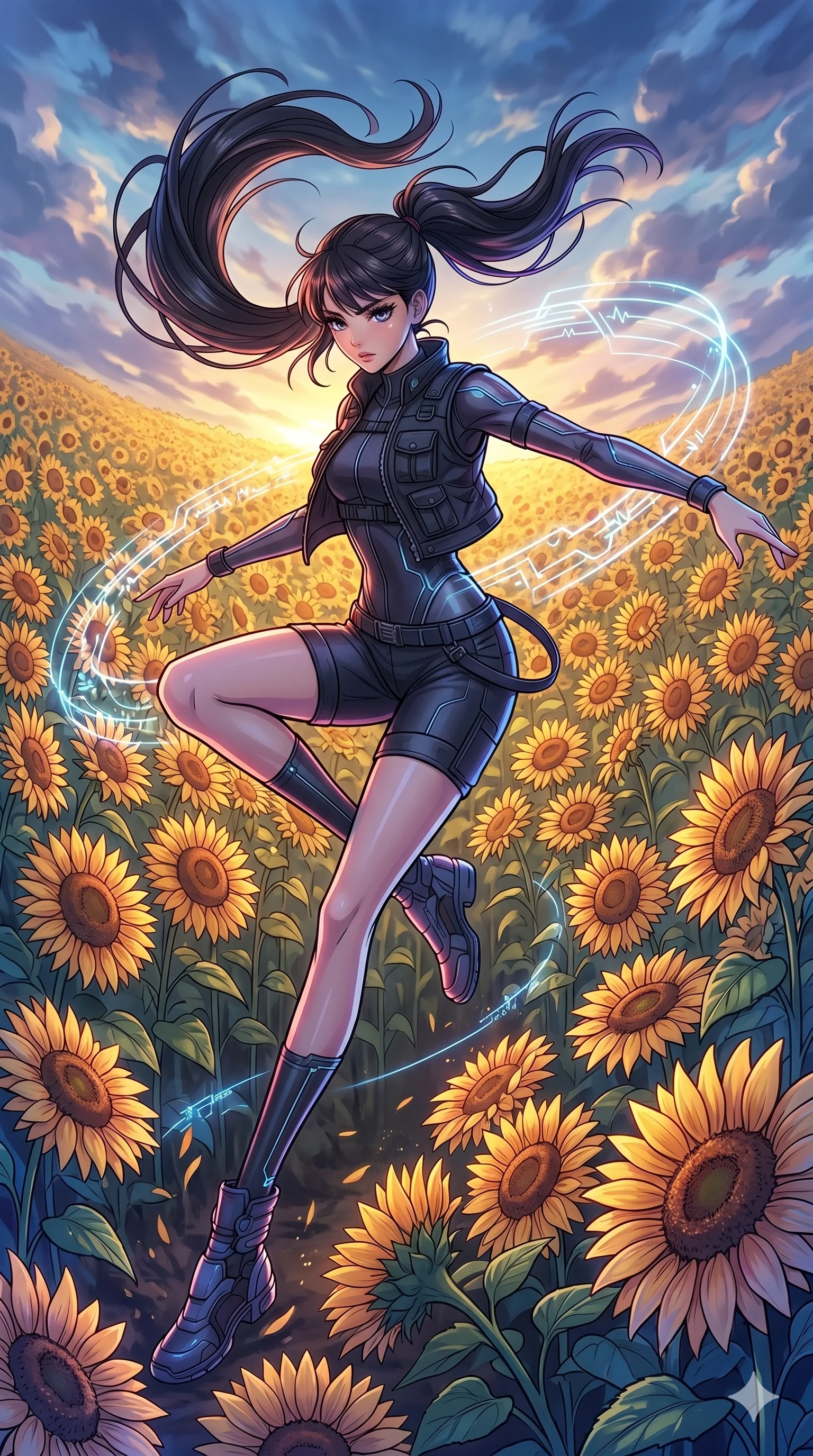 score_9, masterpiece, best quality, ultra-detailed, high-budget anime movie keyframe, cinematic anime lighting, intricate line art, Japanese woman. Dynamic full-body shot stretching the vertical silhouette with extreme perspective. spinning in a field of sunflowers that all sway in time with her. She has an elegant and graceful female figure with elegant silhouette. sharp v-shaped jawline, high-bridge nose, intricate jewel-like eyes, thick eyelashes, soft lips. Wearing Dynamic performance outfit: Layered tactical vest, fitted tech-outfit, tailored shorts, and sleek boots. The scene is illuminated by dramatic atmospheric lighting and vibrant color palettes. , 2k, ultra detail, master piece, 9:16 ratio