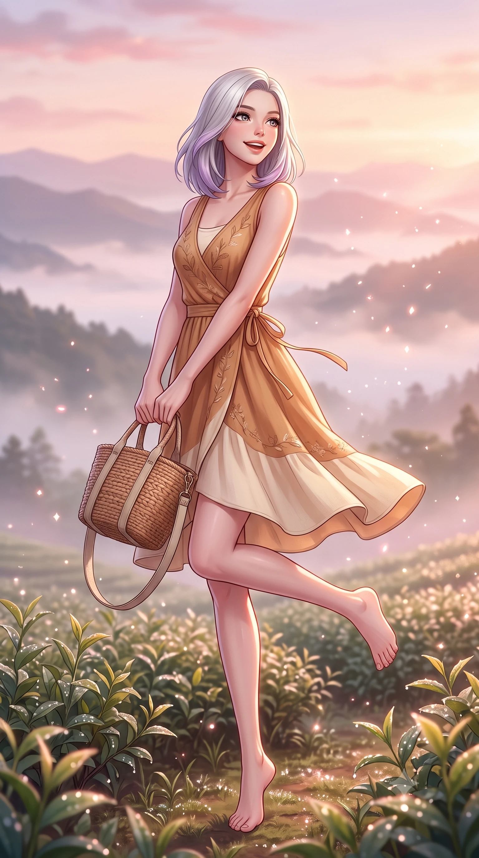 score_9, masterpiece, best quality, ultra-detailed, high-budget anime keyframe, semi-realistic 3D game render, editorial fashion photography, tasteful artistic composition, Caucasian woman. low angle full-body shot from head to toe showing her feet, filling the entire 9:16 vertical frame with her statuesque presence, stretching her vertical silhouette. standing poised on one leg with a playful hop and joyful expression, her long legs and slender figure highlighted against the landscape while gazing across layers of misty mountain ridges with sparkling, hopeful eyes and a radiant expression. The composition keeps background elements in soft focus with creamy bokeh. dewdrops on tea leaves catching early sunrise rays scattering sparkling diamond light motes. She has an absolutely perfect, statuesque 8.5-heads proportion, an exceptionally tall and slender model-like female figure with impossibly long slender legs, a toned flat midriff, and an ultra-slim waist. sharp v-shaped jawline, high-bridge nose, intricate jewel-like eyes with depth, thick eyelashes, glossy lips with a natural sheen, pure and lovely fresh girlhood expression, flawlessly proportioned anatomical accuracy, strict slender model proportions, natural body alignment, perfectly sculpted long slender limbs, ultra-slim waistline, clean dynamic posture without body distortion. wearing a romantic wrap-style linen sundress with subtle botanical embroidery and a dainty waist tie in warm caramel and cream vanilla, made of comfortable premium stretch denim and airy cotton-jersey, accessorized with a rustic woven wicker bag and canvas strap, the relaxed yet flattering fit accentuating her naturally graceful and slender figure, highlighting her youthful charm and lovely silhouette. bathed in soft pastel pink and golden dawn sunrise light breaking through rolling morning mist. highly saturated vibrant anime colors, detailed shading with soft gradients, rich glossy textures, high-contrast stereoscopic depth, volumetric dynamic lighting, master piece, 9:16 ratio