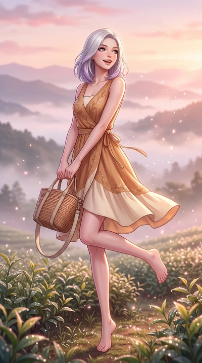 score_9, masterpiece, best quality, ultra-detailed, high-budget anime keyframe, semi-realistic 3D game render, editorial fashion photography, tasteful artistic composition, Caucasian woman. low angle full-body shot from head to toe showing her feet, 