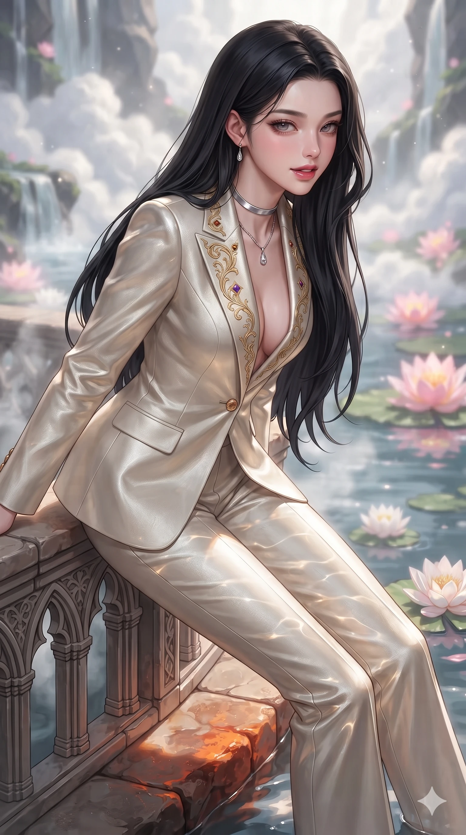 score_9, masterpiece, best quality, ultra-detailed, high-budget anime keyframe, editorial fashion photography, tasteful artistic composition, Korean woman. close-up cowboy shot from the waist and thighs up, the character dominates the composition, filling the frame with her large presence. leaning forward over the carved stone gothic balustrade, looking back with sleepy seductive bedroom-eyes as water reflections dance across her silhouette while sitting poised on the warm volcanic stone ledge with legs extended, flashing an enchanting smile with parted glossy lips as floating lotus blossoms drift past. The background shows a soft-focus curling white thermal steam clouds, cascading mineral spring water, and glowing pink water lilies blurred into pearl white, slate, and lotus-pink bokeh. She has an exceptionally elegant, slender, and willowy female figure with an ultra-slim waist, flat toned midriff, narrow ribcage, and sculpted feminine hips creating an alluring, slim hourglass silhouette without bulk. sharp v-shaped jawline, high-bridge nose, intricate jewel-like sparkling eyes with depth, thick eyelashes, glossy parted lips with a natural sheen, intensely captivating and seductive bedroom-eyes expression, exuding both youthful cute charm and sovereign luxury allure, flawlessly proportioned anatomical accuracy, strict slender model proportions, natural body alignment, perfectly sculpted long slender limbs, ultra-slim waistline, clean dynamic posture without body distortion. wearing a bespoke Venetian tailored pantsuit in liquid ivory silk with golden filigree embroidery tracing the lapels in cosmic eclipse amber and starlight diamond, crafted from luxurious metallic lamé that shifts radiance with every step, finished with a minimalist chrome choker and a single teardrop diamond pendant, the bespoke structured tailoring following the natural line of her 8.5-heads silhouette with refined elegance. illuminated by wet stone reflection bounce and sharp silver-amber rim lights sculpting her razor-sharp jawline, narrow waist, and curvy hips. ultra-reflective glossy finish, specular highlights, rich textural contrasts, high-contrast stereoscopic depth, volumetric dynamic lighting, 2k, ultra detail, master piece, 9:16 ratio