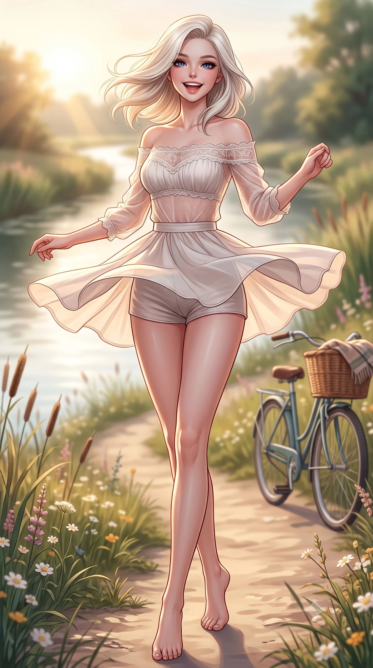 score_9, masterpiece, best quality, ultra-detailed, high-budget anime keyframe, editorial fashion photography, tasteful artistic composition, Caucasian woman. low angle full-body shot from head to toe showing her feet, filling the entire 9:16 vertical frame with her statuesque presence, stretching her vertical silhouette. twirling around with a playful, cute laugh, her skirt billowing beautifully in the air set against a soft-focus background of along a winding river path lined with reeds and wild river flowers with a bicycle and a wicker basket parked on the path behind her. She has an absolutely perfect, statuesque 8.5-heads proportion, an exceptionally tall and slender model-like female figure with impossibly long slender legs and an ultra-slim waist. sharp v-shaped jawline, high-bridge nose, intricate jewel-like eyes with depth, thick eyelashes, glossy lips with a natural sheen. wearing form-contouring delicate lace-trim off-shoulder blouse paired with a sheer mesh overlay and form-contouring mini shorts. soft afternoon sunbeams creating a peaceful, quiet country atmosphere. highly saturated vibrant anime colors, detailed shading with soft gradients, rich glossy textures, high-contrast stereoscopic depth, volumetric dynamic lighting, master piece, 9:16 ratio