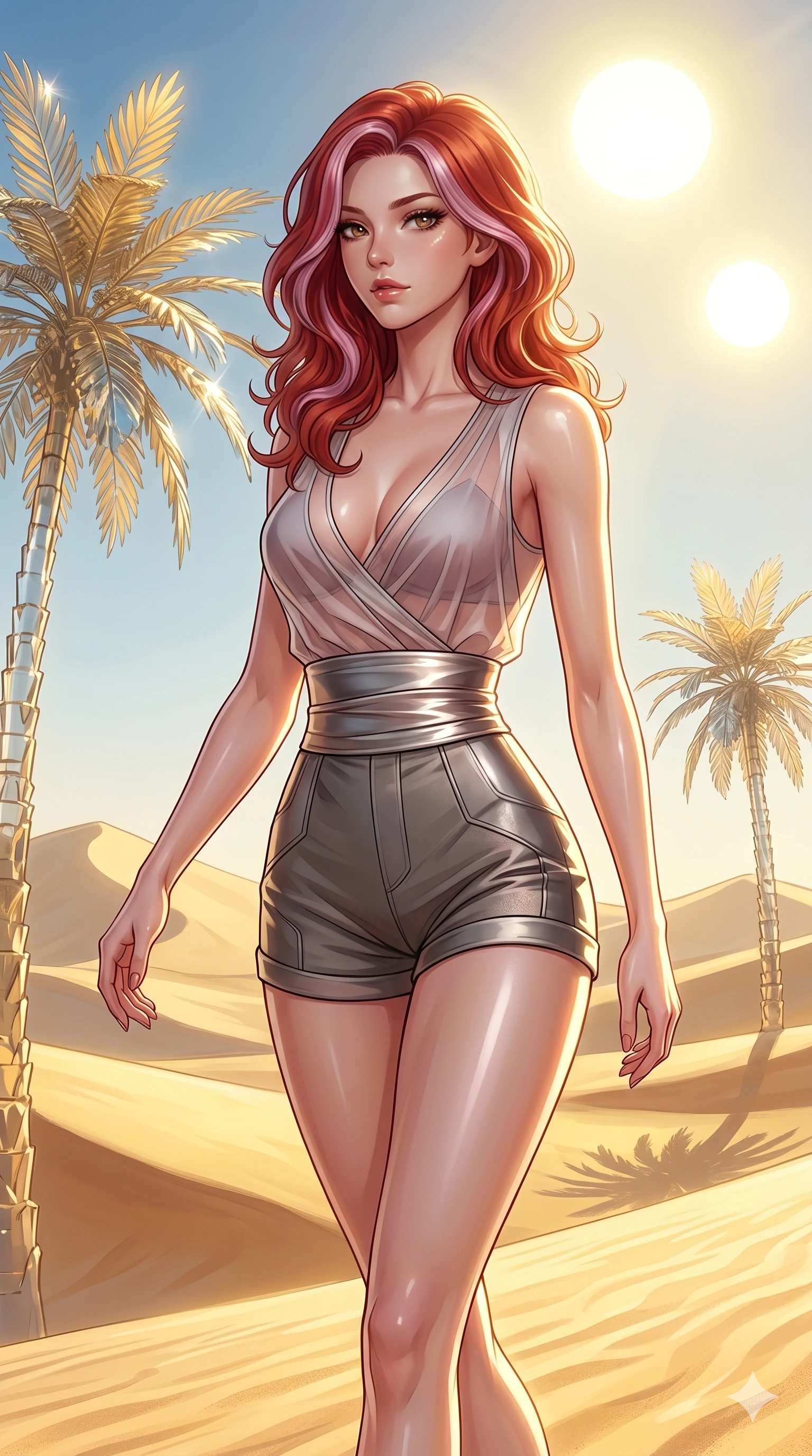score_9, masterpiece, best quality, ultra-detailed, high-budget anime keyframe, Caucasian woman, strictly human ears. Upper body close-up from the thighs up, character filling the screen for maximum presence. She is walking through a futuristic sand dune oasis under twin suns, with digital glass palms reflecting gold. She turns her upper body with a seductive, mysterious expression. She has an absolutely perfect 8-heads proportion, an exceptionally tall and slender female figure with impossibly long slender legs and an ultra-slim waist. V-shaped jawline, high-bridge nose, intricate jewel-like eyes with depth, thick eyelashes, glossy lips with a natural sheen. She is wearing a shortened cyber-fusion wrap top with transparent chiffon panels, a deep crossover neckline, and a high-waisted metallic sash that accentuates her ultra-slim waist. The scene is bathed in intense, bright golden desert sun and sharp specular highlights on her smooth skin. 2k, ultra detail, master piece, 9:16 ratio