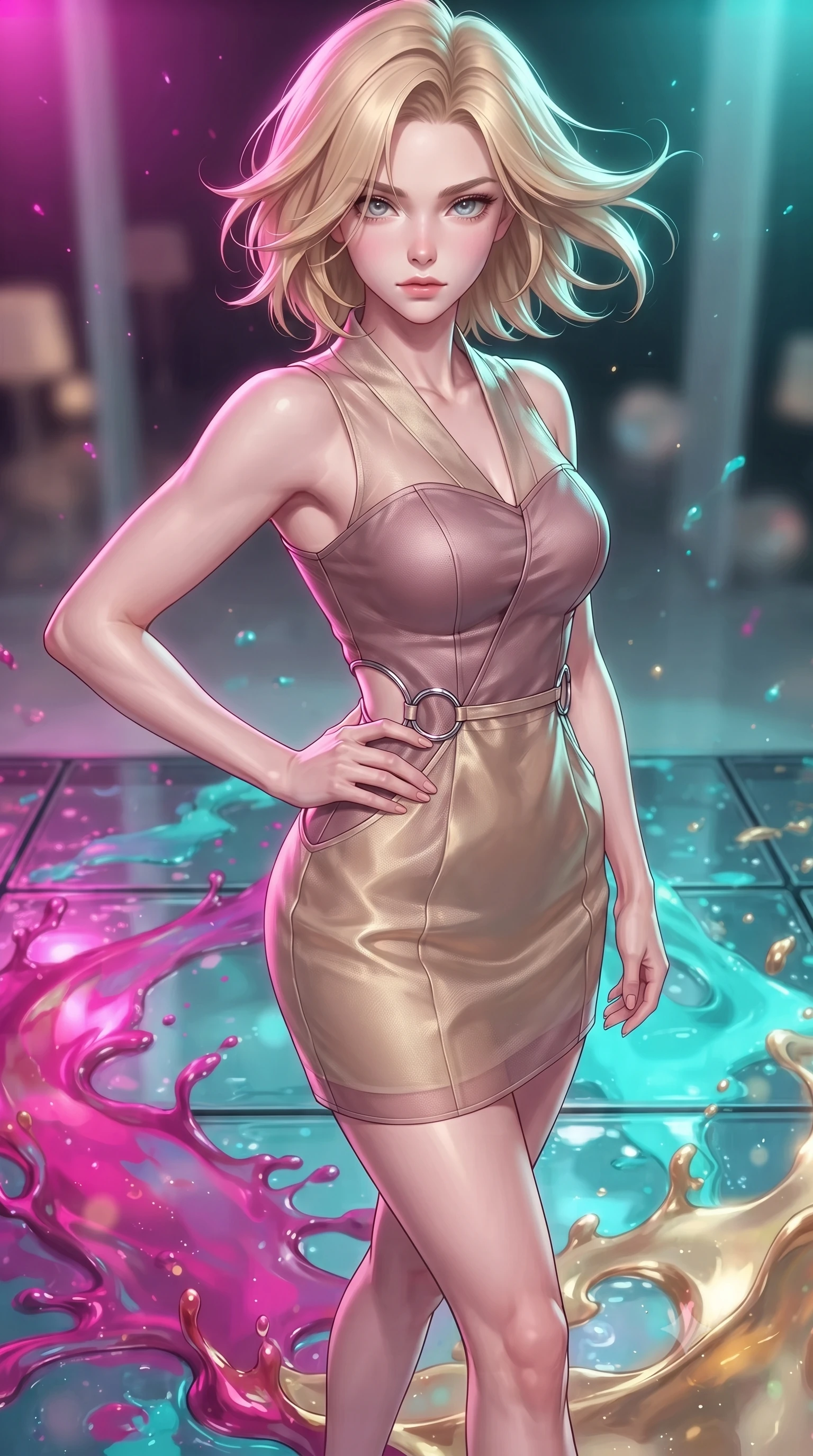 score_9, masterpiece, best quality, ultra-detailed, high-budget anime keyframe, editorial fashion photography, tasteful artistic composition, Caucasian woman. close-up cowboy shot from the waist and thighs up, the character dominates the composition, filling the frame with her large presence, background elements kept in soft focus. Holding a confident power pose with one hand on her hip, gazing directly into the camera with quiet intensity stepping across a reflective glass floor drenched in vibrant fluid splashes, swirling ribbons of magenta, turquoise, and gold liquid paint in zero-gravity. She has an exceptionally elegant, slender, and willowy female figure with an ultra-slim waist, a gracefully sculpted slender torso, and a refined silhouette. sharp v-shaped jawline, high-bridge nose, intricate jewel-like eyes with depth, thick eyelashes, glossy lips with a natural sheen. wearing a modern fusion silk hanbok dress with a structured bodice in dusty rose and champagne gold, woven from fine semi-opaque sheer organza, accented with delicate chrome ring hardware framing her waist, the tailored fabric tightly following every curve of her athletic build. surrounded by a radiant glow of magenta and aqua fluid highlights. highly saturated vibrant anime colors, detailed shading with soft gradients, rich glossy textures, high-contrast stereoscopic depth, volumetric dynamic lighting, master piece, 9:16 ratio