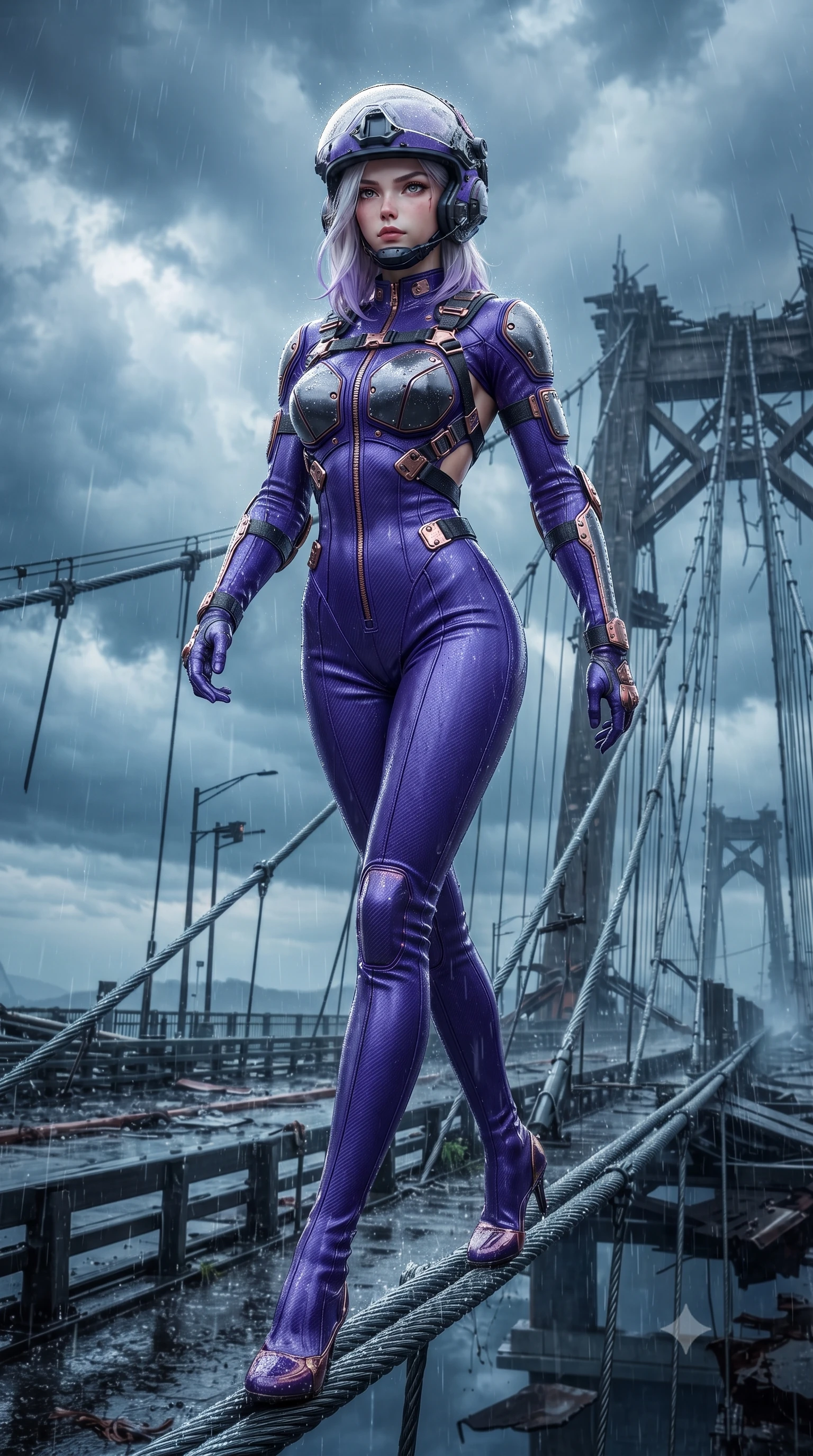 score_9, masterpiece, best quality, ultra-detailed, high-budget anime keyframe, editorial fashion photography, tasteful artistic composition, Caucasian woman. low angle full-body shot from head to toe showing her feet, filling the entire 9:16 vertical frame with her statuesque presence, stretching her vertical silhouette. striding forward with sovereign warrior elegance in a low, predatory combat advance through the ruins, hips swaying with fierce athletic poise while striding commanding across the wet suspension cables with sovereign balance and supreme athletic poise. The surrounding environment is rendered in vivid detail and crisp panoramic clarity. vibrant high-contrast storm lighting and high-altitude bridge engineering captured with environmental precision. She has an absolutely perfect, statuesque 8.5-heads proportion, an exceptionally tall and slender model-like female figure with impossibly long slender legs, a toned flat midriff, and an ultra-slim waist. sharp v-shaped jawline, high-bridge nose, intricate jewel-like eyes with depth, thick eyelashes, glossy lips with a natural sheen, fierce and resolute heroine expression, flawlessly proportioned anatomical accuracy, strict slender model proportions, natural body alignment, perfectly sculpted long slender limbs, ultra-slim waistline, clean dynamic posture without body distortion. wearing an open-face aerodynamic carbon-fiber combat helmet with a retracted transparent holographic HUD visor framing her sharp jawline and jewel-like eyes, paired with a tailored tactical combat jumpsuit with an open-back harness design, reinforced composite breastplate, and high-mobility elbow dampers in royal purple carbon fiber with distressed rose-gold hardware and buckles, tailored from flexible second-skin ballistic carbon-mesh adhering flawlessly to her athletic build, complemented by criss-cross back harness straps highlighting her completely bare spine, the sleek second-skin cut tightly hugging her graceful clavicle, narrow waist, and feminine curves with athletic precision. surrounded by an elevated, supreme, and breathtakingly courageous high-altitude defender aura. ultra-reflective glossy finish, specular highlights, dark metallic sheen, high-contrast stereoscopic depth, volumetric dynamic lighting, 2k, ultra detail, master piece, 9:16 ratio