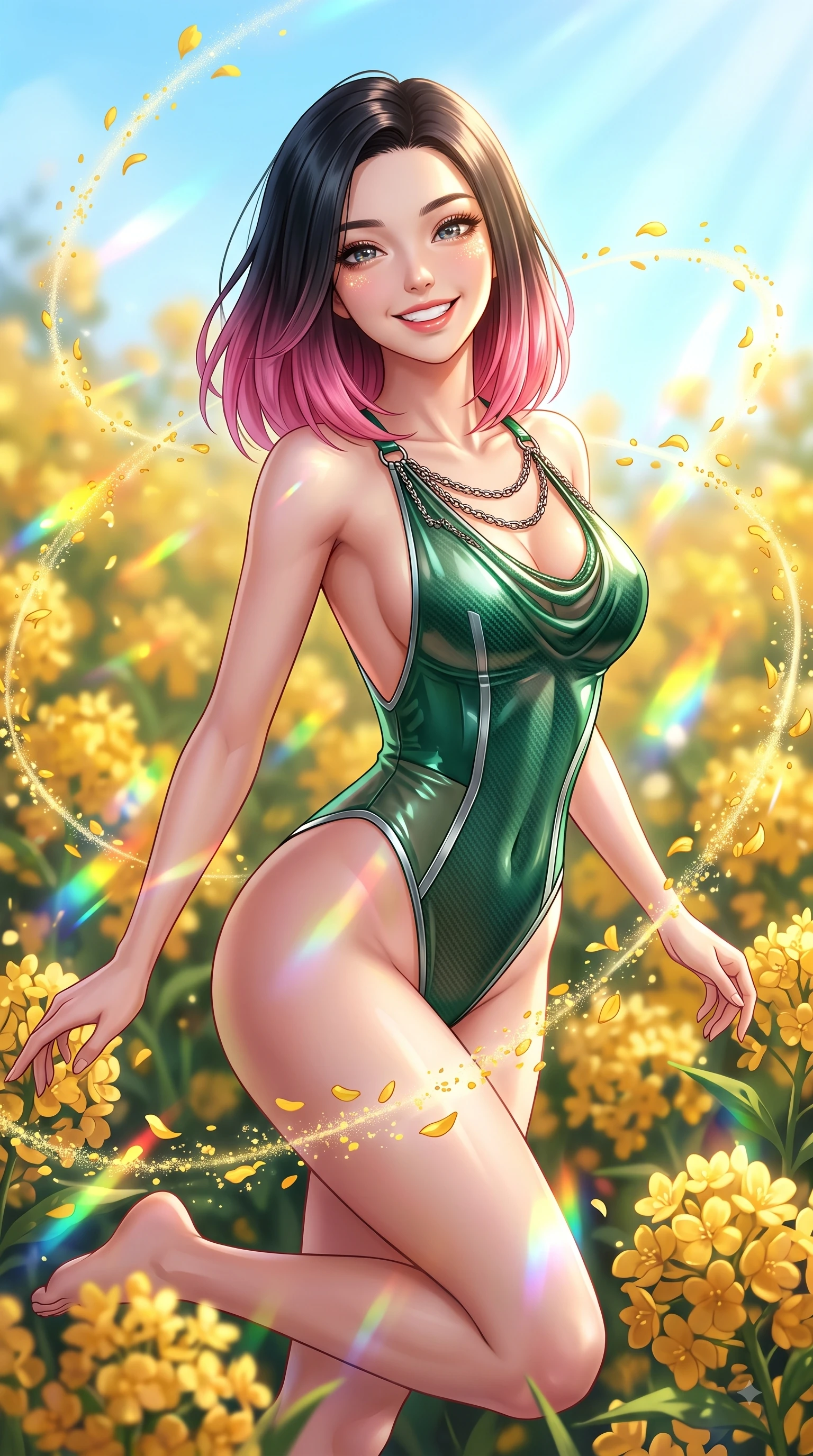 score_9, masterpiece, best quality, ultra-detailed, high-budget anime keyframe, editorial fashion photography, tasteful artistic composition, Korean woman. close-up cowboy shot from the waist and thighs up, the character dominates the composition, filling the frame with her large presence, background elements kept in soft focus. Gazing directly into the camera with a joyful, infectious smile as her torso curves dynamically in mid-stride while resting playfully among golden blossoms as warm sunbeams illuminate her sparkling eyes, floating flower pollen and yellow petals drifting gracefully in dynamic orbital paths. She has an exceptionally elegant, slender, and willowy female figure with an ultra-slim waist, a gracefully sculpted slender torso, and a refined silhouette. sharp v-shaped jawline, high-bridge nose, intricate jewel-like eyes with depth, thick eyelashes, glossy lips with a natural sheen, flawlessly proportioned anatomical accuracy, natural body alignment, perfectly sculpted elegant limbs, clean dynamic posture without body distortion. wearing a high-cut translucent vinyl leotard with front paneling and open back in deep emerald green and silver accent, made of fine carbon-fiber weave and soft matte leather, adorned with delicate metallic chain straps along the neckline, the elegant draped fit framing her graceful clavicle and slender torso. illuminated by dazzling rainbow refractions and bright, cheerful ambient sky glow. highly saturated vibrant anime colors, detailed shading with soft gradients, rich glossy textures, high-contrast stereoscopic depth, volumetric dynamic lighting, master piece, 9:16 ratio