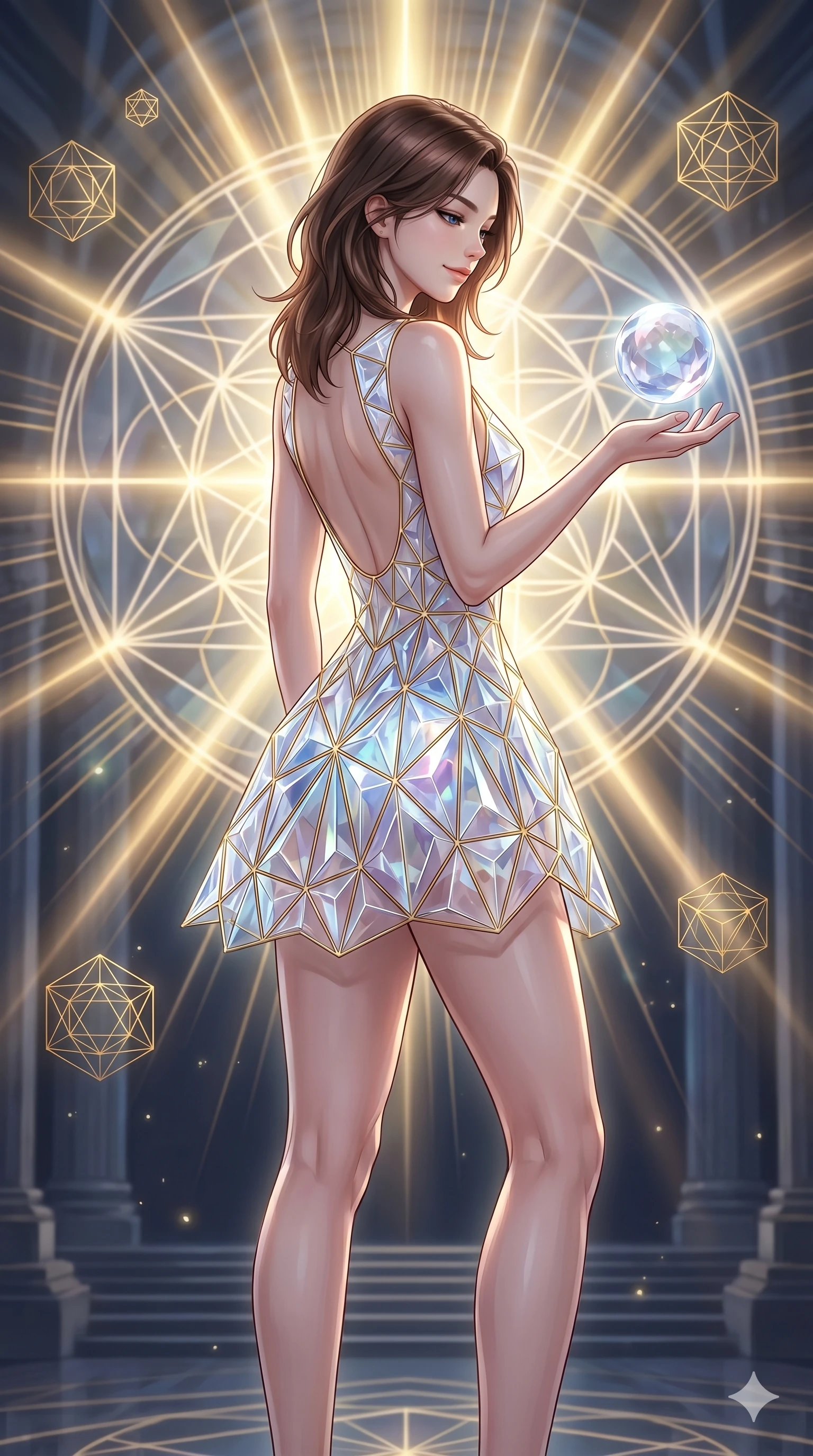score_9, masterpiece, best quality, ultra-detailed, high-budget anime keyframe, editorial fashion photography, tasteful artistic composition, Korean woman. cowboy shot from the thighs up, character and outfit filling the frame for maximum editorial presence. holding a floating glowing crystal sphere in her hand, looking down with a serene and powerful smile in a mathematical mandala temple with floating golden geometry (Code-P16-019). She has an absolutely perfect 8-heads proportion, an exceptionally tall and slender female figure with impossibly long slender legs and an ultra-slim waist. V-shaped jawline, high-bridge nose, intricate jewel-like eyes with depth, thick eyelashes, glossy lips with a natural sheen. wearing a crystalline structure mini-dress with gold wire frames and a scooped open back. brilliant golden rays radiating from the center mandala, creating a holy glowing aura. 2k, ultra detail, master piece, 9:16 ratio