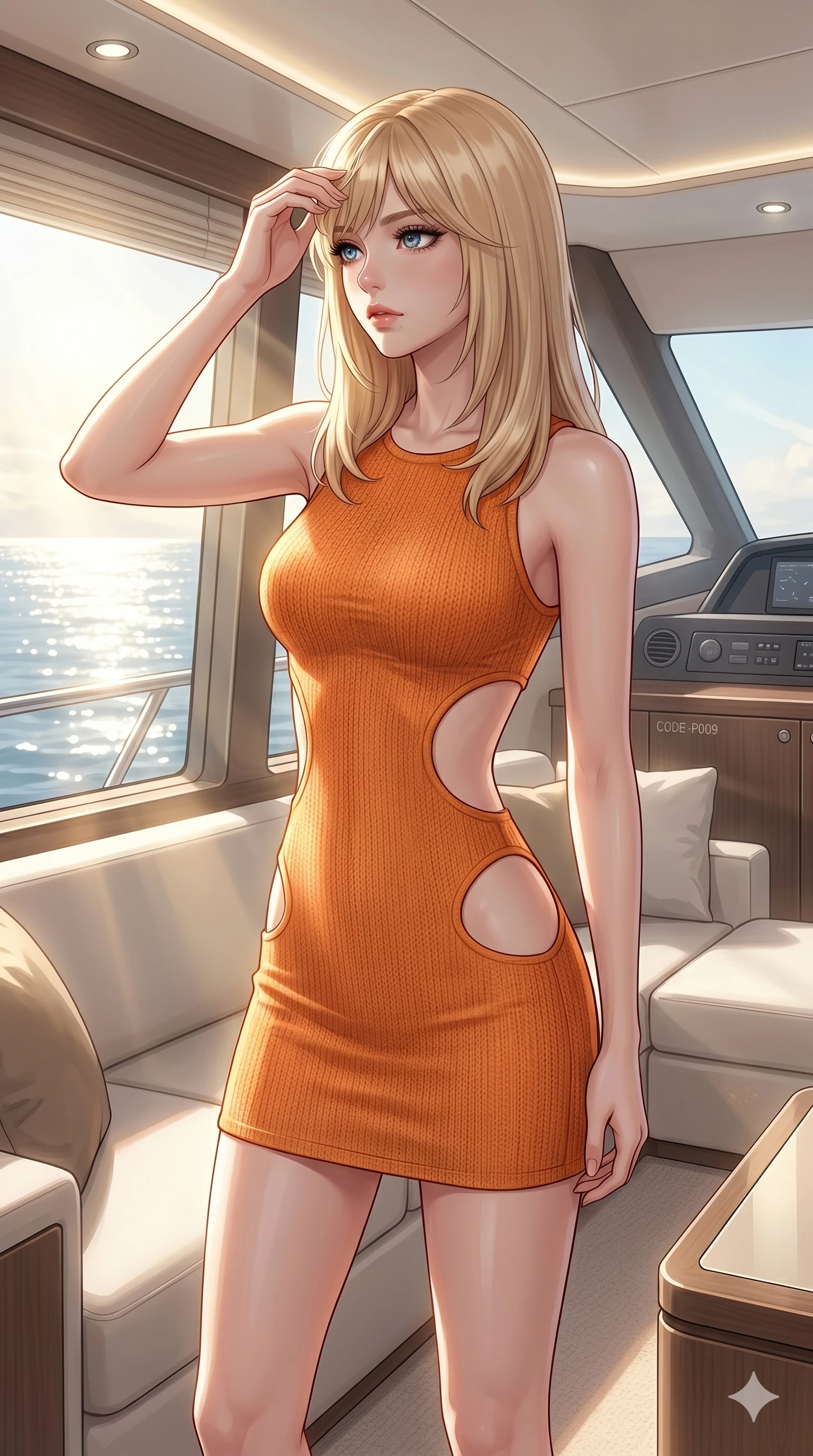 score_9, masterpiece, best quality, ultra-detailed, high-budget anime keyframe, editorial fashion photography, tasteful artistic composition, Japanese woman. cowboy shot from the thighs up, character and outfit filling the frame for maximum editorial presence. wiping a lock of hair from her forehead, her expression cool and contemplative as she turns her head inside a private yacht cabin lounge with a large window showing the sunbeams reflecting off the ocean (Code-P009). She has an absolutely perfect 8-heads proportion, an exceptionally tall and slender female figure with impossibly long slender legs and an ultra-slim waist. V-shaped jawline, high-bridge nose, intricate jewel-like eyes with depth, thick eyelashes, glossy lips with a natural sheen. wearing a skin-tight orange knit dress with strategic curved cutouts at the waist and hip. bathed in soft morning sunbeams flowing into the room, creating a bright, glowing atmosphere. 2k, ultra detail, master piece, 9:16 ratio