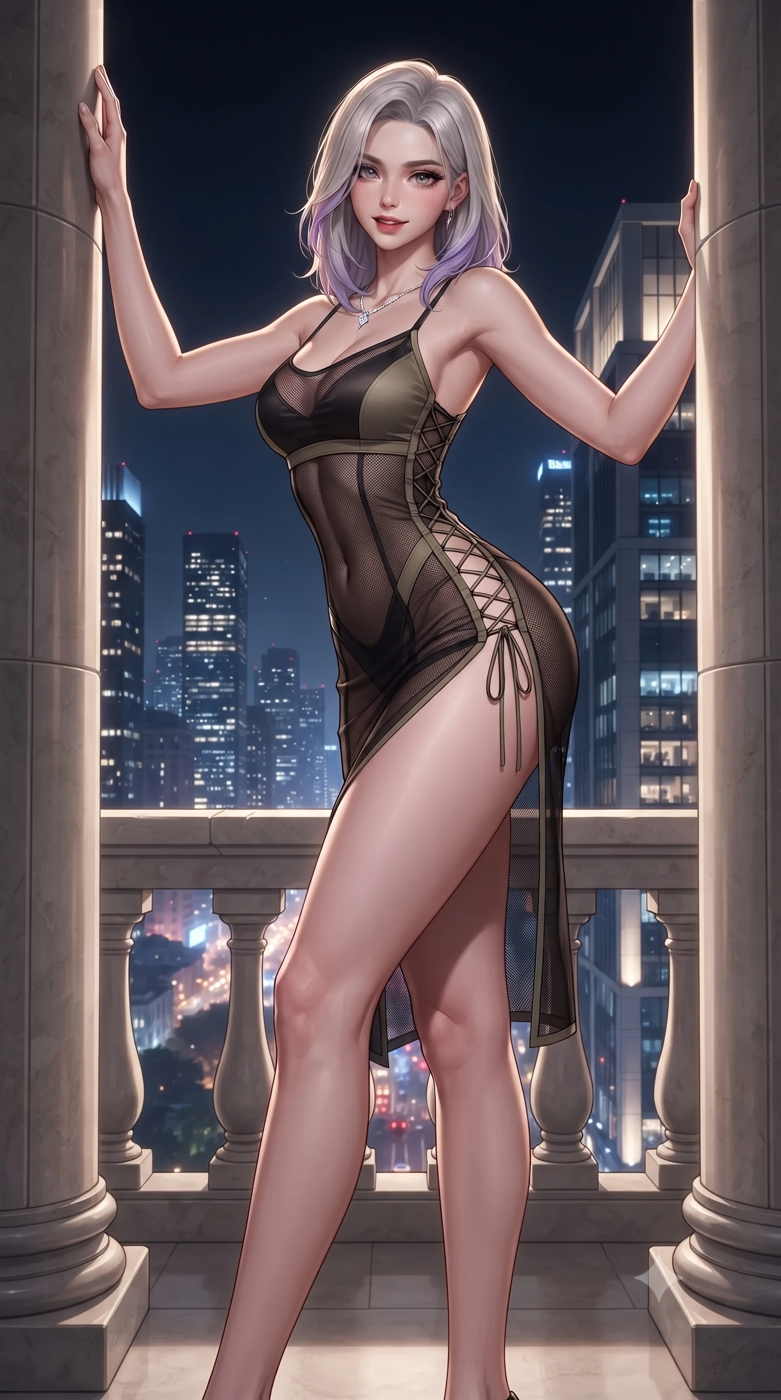 score_9, masterpiece, best quality, ultra-detailed, high-budget anime keyframe, editorial fashion photography, tasteful artistic composition, Caucasian woman. low angle full-body shot from head to toe showing her feet, filling the entire 9:16 vertical frame with her statuesque presence, stretching her vertical silhouette. standing tall beside the architectural column, one hand resting high while arching her lower back to emphasize her sculpted feminine hips and slender waist while perched sideways on the stone balcony parapet high above the financial district, her flat midriff and long slender legs commanding the night. The surrounding environment is rendered in vivid detail and crisp panoramic clarity: detailed semi-sheer mesh jumpsuit inserts, diamond pendant glint, and modern penthouse architecture in razor-sharp precision. She has an absolutely perfect, statuesque 8.5-heads proportion, an exceptionally tall and slender model-like female figure with impossibly long slender legs, an ultra-slim waist, a flat toned midriff, narrow delicate ribcage, and beautifully sculpted feminine hips creating a graceful, slim hourglass silhouette without any bulky heaviness. sharp v-shaped jawline, high-bridge nose, sparkling eyes with hypnotic seductive depth, thick curled eyelashes, glossy parted lips with a natural dewy peach sheen, alluring bedroom-eyes with an enchanting coquettish smile, exuding magnetic siren charisma and sophisticated glamour, flawlessly proportioned anatomical accuracy, strict slender model proportions, natural body alignment, perfectly sculpted long slender limbs, ultra-slim waistline, clean dynamic posture without body distortion. wearing a sheer black tactical gauze slip dress worn over a liquid satin undergarment, hugging her flat midriff and hips in tactical desert sand khaki and matte carbon grey, made of semi-opaque stretch illusion mesh with soft shadowy contours, finished with fine criss-cross lace-up side ties revealing tantalizing glimpses of her hip curve, the form-contouring silhouette accentuating her sculpted flat midriff, narrow delicate ribcage, and gracefully curvy hips with intoxicating allure. illuminated by glass window reflection bounce and sharp platinum rim lights sculpting her jawline, ultra-slim waist, and curvy hips. ultra-reflective glossy finish, specular highlights, rich textural contrasts, high-contrast stereoscopic depth, volumetric dynamic lighting, 2k, ultra detail, master piece, 9:16 ratio