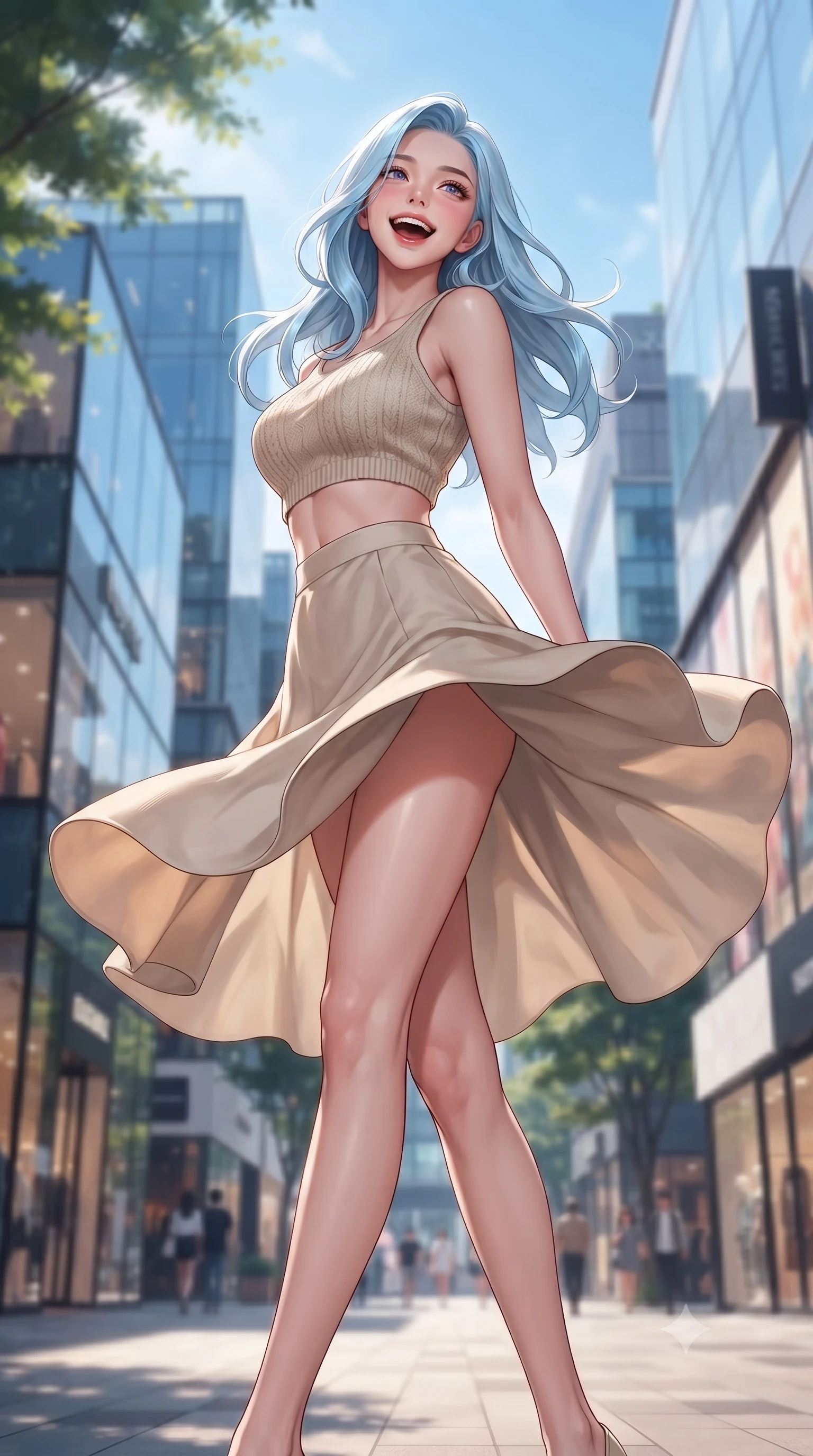 score_9, masterpiece, best quality, ultra-detailed, high-budget anime keyframe, editorial fashion photography, tasteful artistic composition, Korean woman. low angle full-body shot from head to toe showing her feet, filling the entire 9:16 vertical frame with her statuesque presence, stretching her vertical silhouette. twirling around with a playful, cute laugh, her skirt billowing beautifully in the air set against a soft-focus background of in a bustling fashion district plaza with glass buildings and designer stores with modern glass shop fronts reflecting the blue sky and trees. She has an absolutely perfect, statuesque 8.5-heads proportion, an exceptionally tall and slender model-like female figure with impossibly long slender legs and an ultra-slim waist. sharp v-shaped jawline, high-bridge nose, intricate jewel-like eyes with depth, thick eyelashes, glossy lips with a natural sheen. wearing tailored crop top in oatmeal knit paired with a flowy midi skirt featuring a high side slit. soft morning sun rays painting the street in a fresh, energetic gold tone. highly saturated vibrant anime colors, detailed shading with soft gradients, rich glossy textures, high-contrast stereoscopic depth, volumetric dynamic lighting, master piece, 9:16 ratio