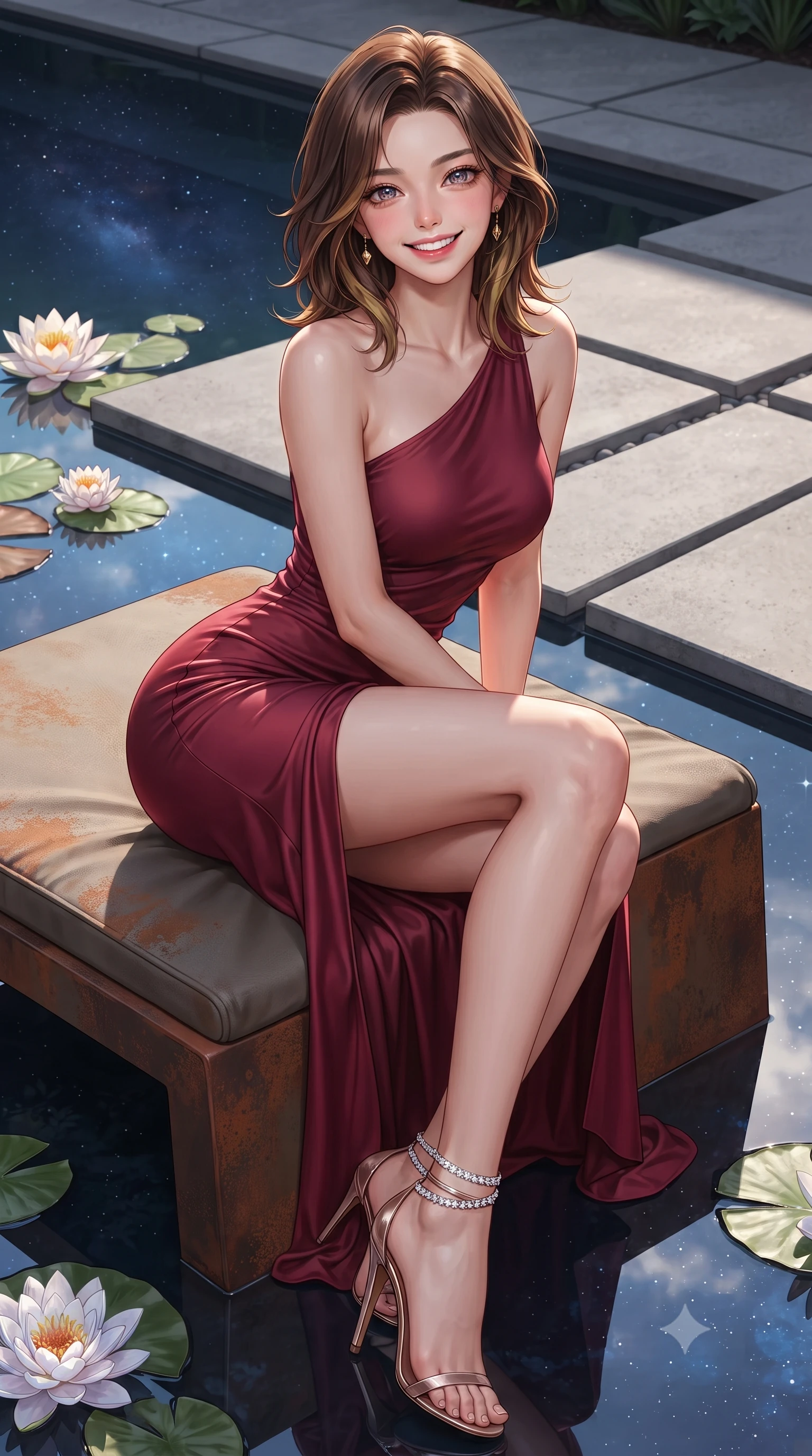 score_9, masterpiece, best quality, ultra-detailed, high-budget anime keyframe, editorial fashion photography, tasteful artistic composition, Korean woman. close-up cowboy shot from the waist and thighs up, the character dominates the composition, filling the frame with her large presence. perched sideways on the lounge seat, one knee drawn up to showcase her slender leg line while her arched back accentuates her feminine hip curve while twisting her slender torso in an alluring S-curve, floating water lilies and reflected starry skies framing her flat midriff and hips. The surrounding environment is rendered in vivid detail and crisp panoramic clarity: sharp weathered Corten steel patina textures, pristine water reflection clarity, and geometric concrete pavers in deep focus. She has an exceptionally elegant, slender, and willowy female figure with an ultra-slim waist, flat toned midriff, narrow ribcage, and sculpted feminine hips creating an alluring, slim hourglass silhouette without bulk. sharp v-shaped jawline, high-bridge nose, intricate jewel-like sparkling eyes with depth, thick eyelashes, glossy parted lips with a natural peach sheen, bright cheerful beaming smile with an enchanting and coquettish sensual glint, exuding both youthful cute charm and seductive allure, flawlessly proportioned anatomical accuracy, strict slender model proportions, natural body alignment, perfectly sculpted long slender limbs, ultra-slim waistline, clean dynamic posture without body distortion. wearing a liquid jersey asymmetrical one-shoulder gown with seamless sculpting hold adhering tightly to her silhouette in Bohemian Prague garnet ruby and antique 24k gold leaf, made of fluid liquid jersey with seamless sculpting hold and smooth contours, complemented by strappy stiletto sandals with crystal ankle wraps accentuating her slender calves, the impeccably tailored cut draping gracefully along her slender figure with aristocratic poise. illuminated by still water specular reflection fill and sharp copper-platinum rim lights sculpting her jawline, narrow waist, and curvy hips. ultra-reflective glossy finish, specular highlights, rich textural contrasts, high-contrast stereoscopic depth, volumetric dynamic lighting, 2k, ultra detail, master piece, 9:16 ratio